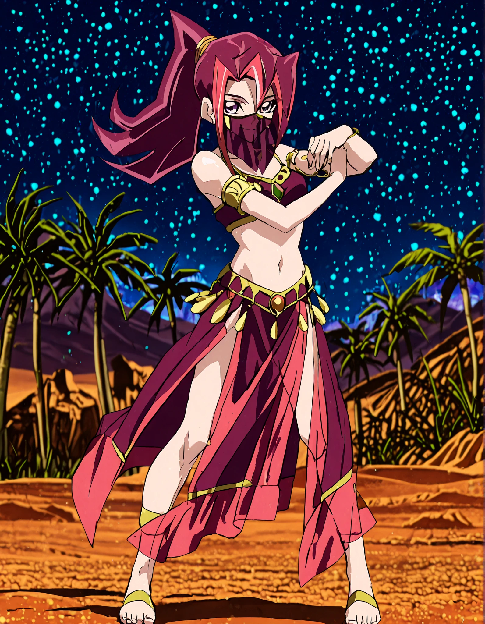 (1girl:1 . 5) , (Seul:1 . 5) , score_9 , score_8_haut , score_7_haut , source_anime , Official work , ultra-detailed , masterpiece , better quality , high resolution , beaux yeux , detailed eyes , Detailed face , beautiful detailed eyes, purple eyes, red hair, long hair, ponytail, multicolored hair,Yu-Gi-Oh Zexal,Akari Tsukumo,Arabian Clothes , Arabian Dancer ,belly dancer costume,belly dancer outfit ,full body,golden jewelery,mouth veil,armlet, belly dancing,night,desert lands,palm tree,seductive smile, dancing with veil, dynamic movement,dance posture, pose