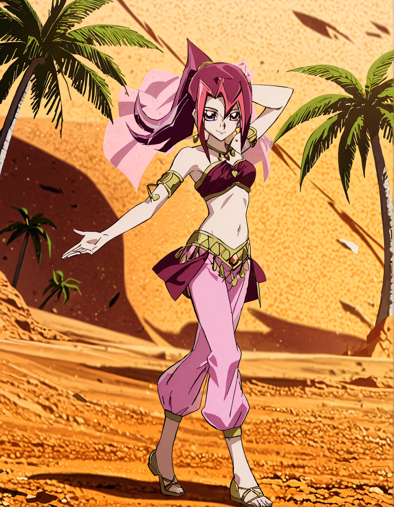 (1girl:1 . 5) , (Seul:1 . 5) , score_9 , score_8_haut , score_7_haut , source_anime , Official work , ultra-detailed , masterpiece , better quality , high resolution , beaux yeux , detailed eyes , Detailed face , beautiful detailed eyes, purple eyes, red hair, long hair, ponytail, multicolored hair,Yu-Gi-Oh Zexal,Akari Tsukumo,Arabian Clothes , Arabian Dancer ,belly dancer costume,belly dancer outfit ,full body,golden jewelery,armlet, belly dancing,,desert lands,palm tree,seductive smile, dancing with veil, dynamic movement,dance posture, seductive pose