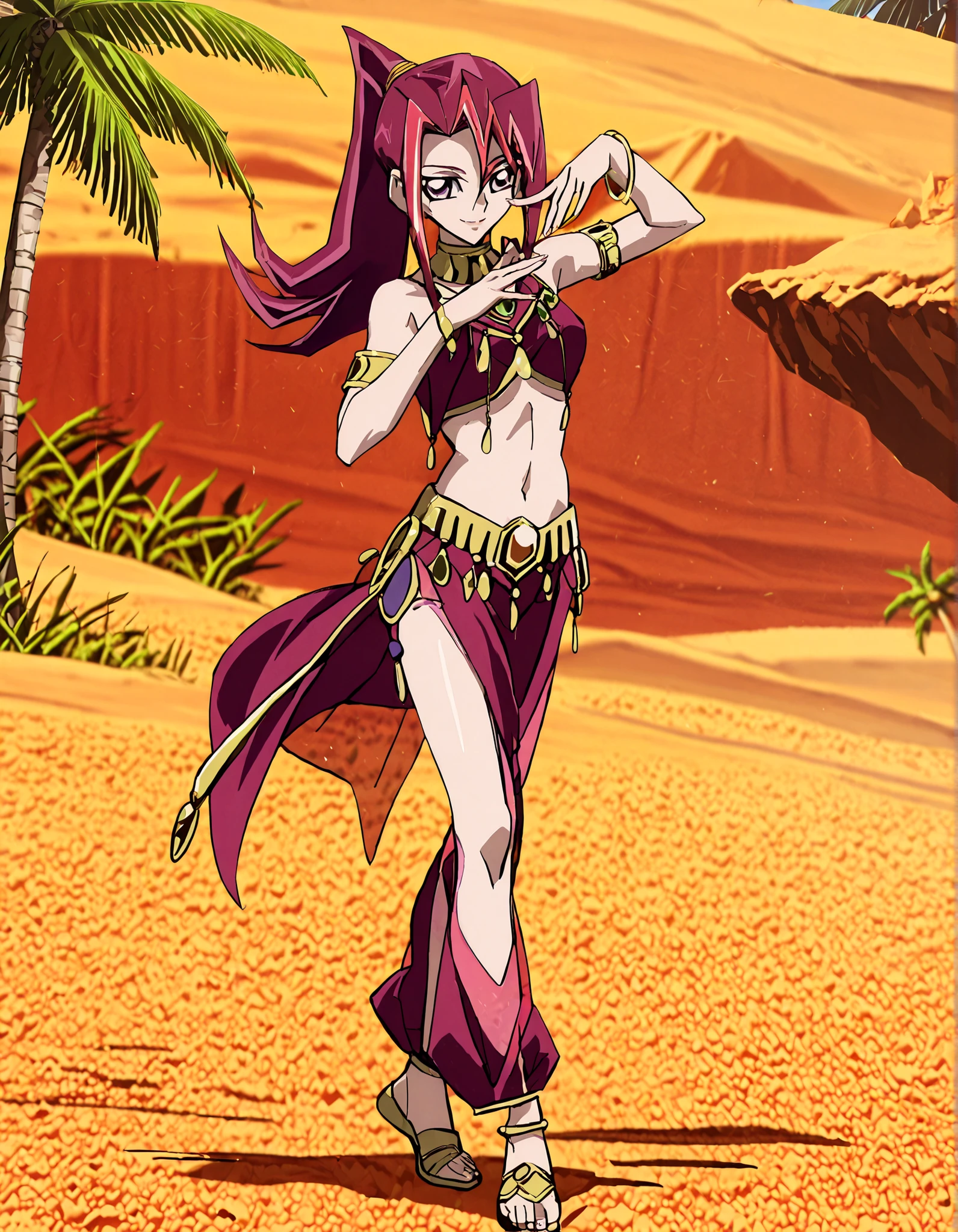 (1girl:1 . 5) , (Seul:1 . 5) , score_9 , score_8_haut , score_7_haut , source_anime , Official work , ultra-detailed , masterpiece , better quality , high resolution , beaux yeux , detailed eyes , Detailed face , beautiful detailed eyes, purple eyes, red hair, long hair, ponytail, multicolored hair,Yu-Gi-Oh Zexal,Akari Tsukumo,Arabian Clothes , Arabian Dancer ,belly dancer costume,belly dancer outfit ,full body,golden jewelery,armlet, belly dancing,,desert lands,palm tree,seductive smile, dancing with veil, dynamic movement,dance posture, pose