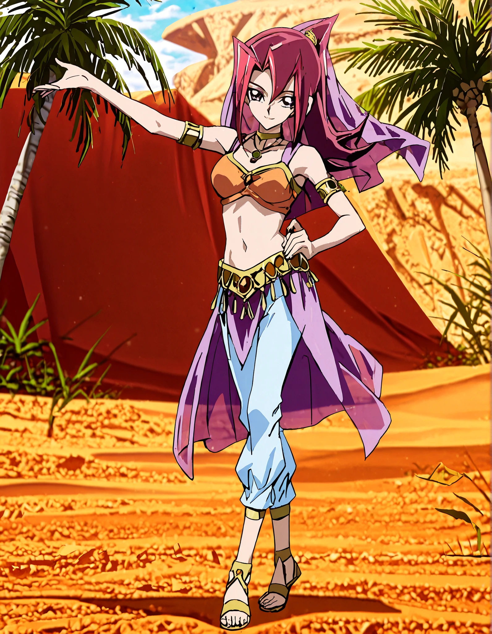 (1girl:1 . 5) , (Seul:1 . 5) , score_9 , score_8_haut , score_7_haut , source_anime , Official work , ultra-detailed , masterpiece , better quality , high resolution , beaux yeux , detailed eyes , Detailed face , beautiful detailed eyes, purple eyes, red hair, long hair, ponytail, multicolored hair,Yu-Gi-Oh Zexal,Akari Tsukumo,Arabian Clothes , Arabian Dancer ,belly dancer costume,belly dancer outfit ,full body,golden jewelery,armlet, belly dancing,,desert lands,palm tree,seductive smile, dancing with veil, dynamic movement,dance posture, pose