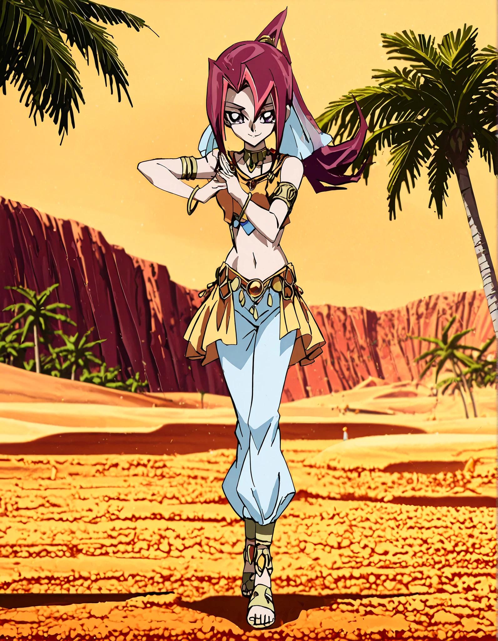 (1girl:1 . 5) , (Seul:1 . 5) , score_9 , score_8_haut , score_7_haut , source_anime , Official work , ultra-detailed , masterpiece , better quality , high resolution , beaux yeux , detailed eyes , Detailed face , beautiful detailed eyes, purple eyes, red hair, long hair, ponytail, multicolored hair,Yu-Gi-Oh Zexal,Akari Tsukumo,Arabian Clothes , Arabian Dancer ,belly dancer costume,belly dancer outfit ,full body,golden jewelery,armlet, belly dancing,,desert lands,palm tree,seductive smile, dancing with veil, dynamic movement,dance posture, seductive pose
