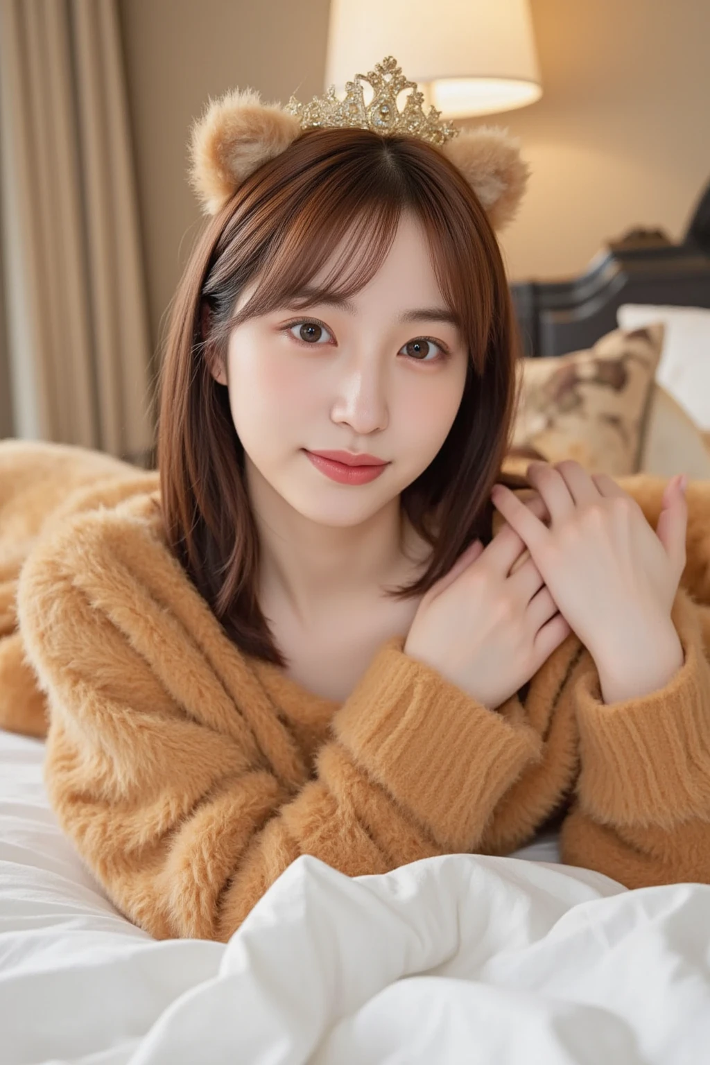 Cute 20 year old Japanese woman alone、Beautiful Skin、Beautiful Hair、Short Hair Length、Bob Hair、Brown Hair Color、Beautiful Eyes、Brown Eye Color、A big smile、place：Cute home room、Bear costume、The naughtiest pose