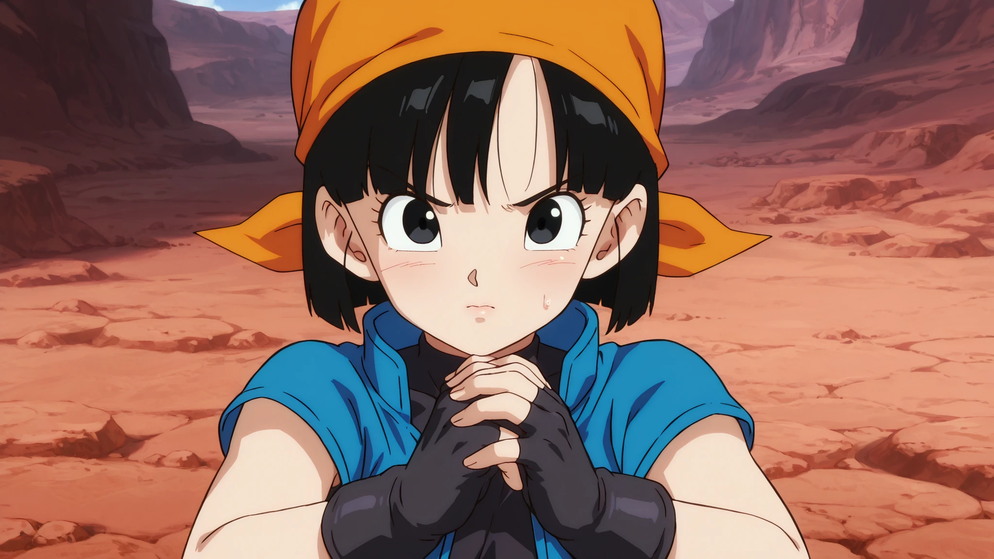 pan gt, short hair, black hair, gloves, black gloves, fingerless gloves, black eyes, bandana, orange bandana, female,high quality, masterpiece, ultra-detailed