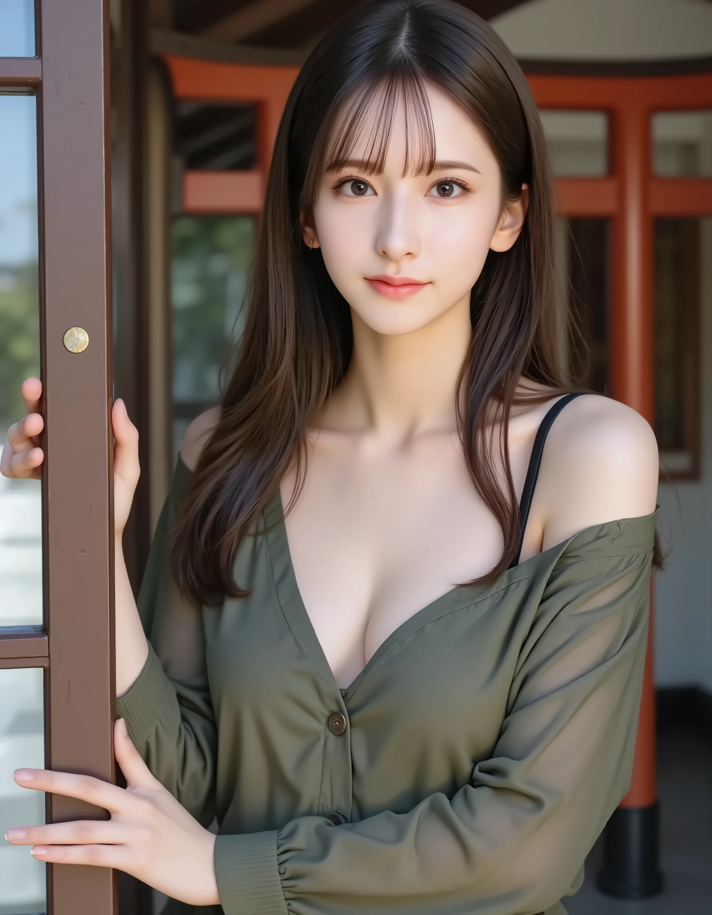 Asuka Saito(Nogizaka46),1girl,solo,Wet and messy brown hair, cleavage emphasized, mature charm, High Quality, masterpiece, Ultra High Definition, Japanese woman, dark haired, long hair, Idol, gravure model, loose running shirt with misaligned shoulder straps, bumpy chest , bust up, Large chest , Loose clothing, The shoulder straps are misaligned, cleavage, Soft Skin, Fair skin, 艶やかなdark haired, Indoor shooting, soft lighting, PROFESSIONAL SHOOTING, Sensual Look, 's enchanting gaze, sexy atmosphere with hands on torii gates