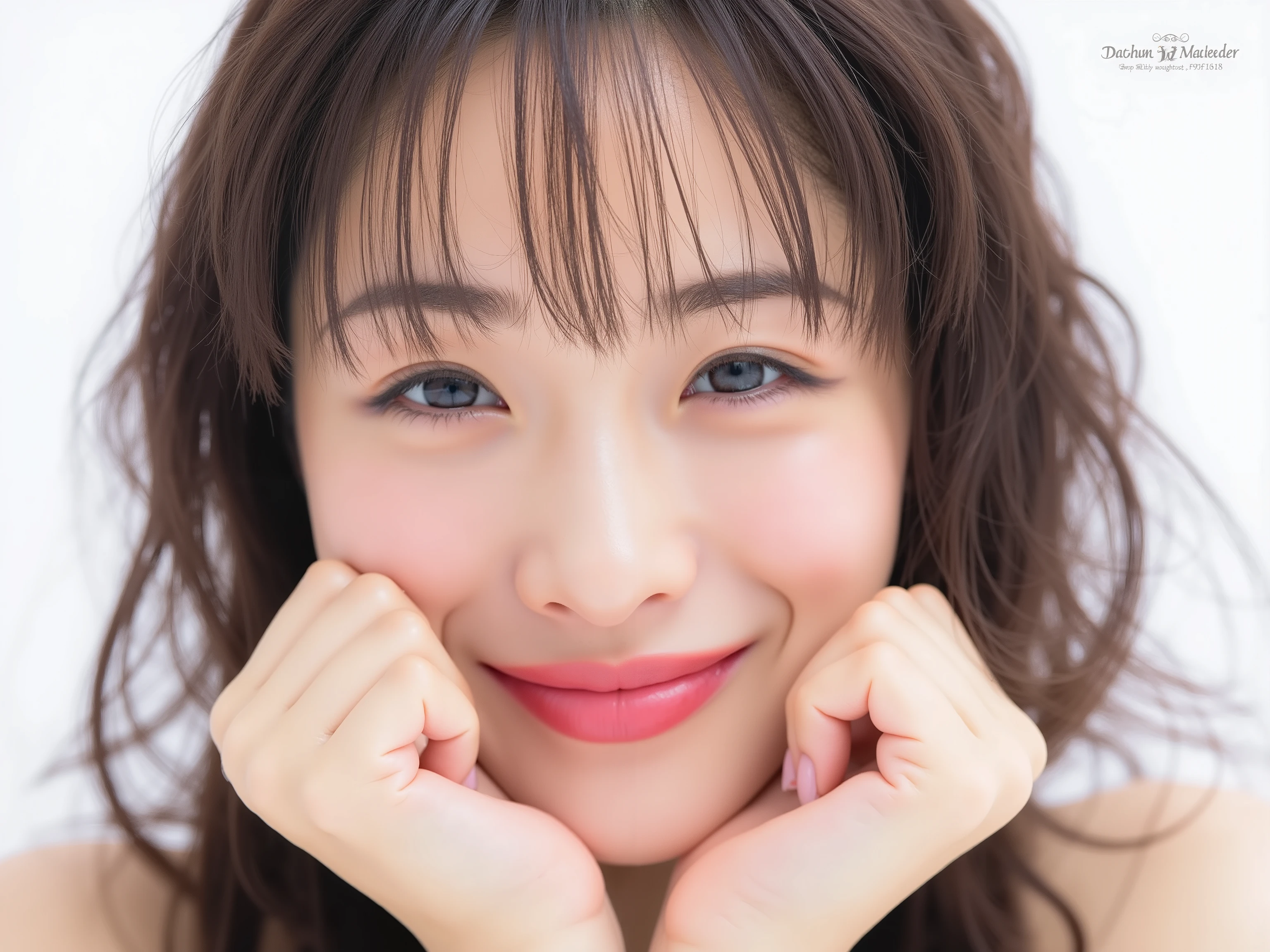 (Refined from an old photo, recreated in a modern, ultra high-quality photorealistic style, with a trendy Reiwa-era hairstyle: soft semi-long hair with natural waves and airy see-through bangs),
Ultra photorealistic close-up portrait of a beautiful Japanese woman,
upper-body shot, wearing a black outfit (completely out of frame, not visible),
shoulders and collarbone softly exposed,
both hands pressing her cheeks in a shy, lovestruck pose,
sparkling eyes gazing dreamily at the viewer with overwhelming affection,
cheeks blushing deeply with a sweet reddish glow,
soft glossy lips curved into a bright, full, lovestruck smile,
expression melting with love, playful, dreamy, adorably bashful,
purely cute and lovestruck, overflowing with affection and warmth,
realistic skin with detailed pores, subtle freckles, natural uneven tones,
tiny imperfections for realism, soft peach fuzz visible,
hair rendered with individual strands, slightly messy flow, natural matte shine,
soft diffused cinematic lighting, natural depth,
background pure white with gentle blur,
(masterpiece, best quality, high resolution, intimate romantic close-up, cinematic magazine cover style)