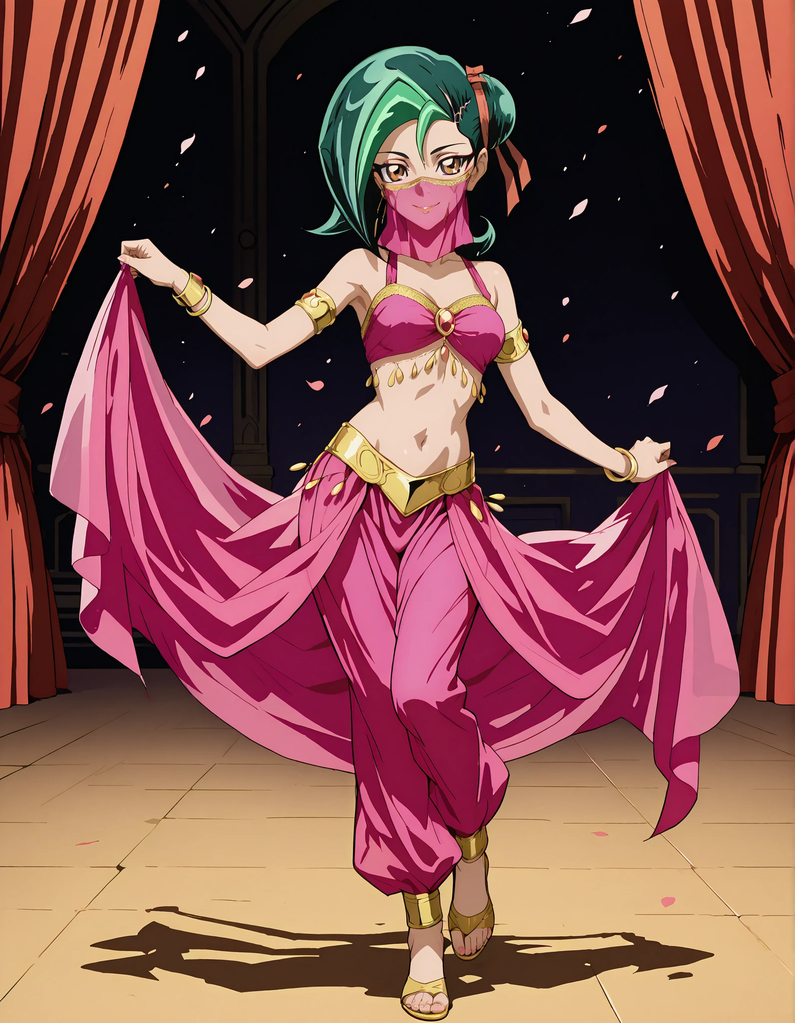 (1girl:1 . 5) , (Seul:1 . 5) , score_9 , score_8_haut , score_7_haut , source_anime , Official work , ultra-detailed , masterpiece , better quality , high resolution , beaux yeux , detailed eyes , Detailed face , beautiful detailed eyesgreen hair, hair bun, multicolored hair, two-tone hair, brown eyes, single hair bun, ribbon, hair ribbon,Yu-Gi-Oh Zexal,Akari Tsukumo,Arabian Clothes , Arabian Dancer ,belly dancer costume,belly dancer outfit ,full body,golden jewelery,mouth veil,armlet, belly dancing,arabian theater,seductive smile, dancing with veil, dynamic movement,dance posture, pose
