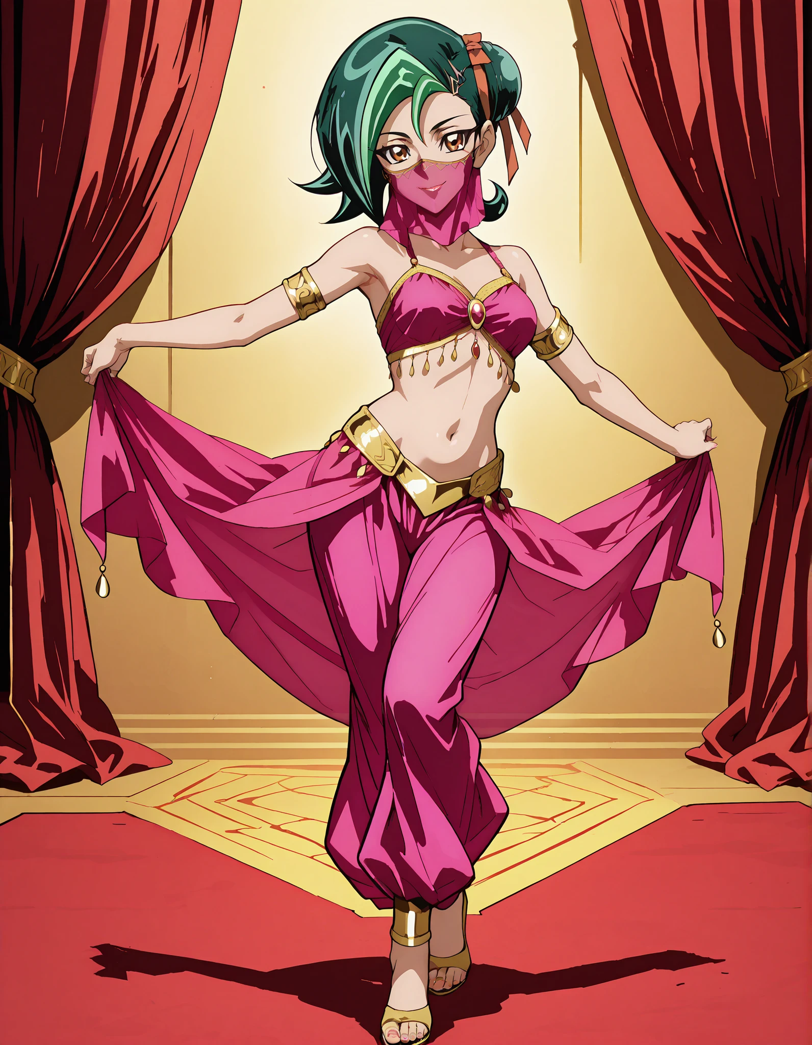 (1girl:1 . 5) , (Seul:1 . 5) , score_9 , score_8_haut , score_7_haut , source_anime , Official work , ultra-detailed , masterpiece , better quality , high resolution , beaux yeux , detailed eyes , Detailed face , beautiful detailed eyesgreen hair, hair bun, multicolored hair, two-tone hair, brown eyes, single hair bun, ribbon, hair ribbon,Yu-Gi-Oh Zexal,Akari Tsukumo,Arabian Clothes , Arabian Dancer ,belly dancer costume,belly dancer outfit ,full body,golden jewelery,mouth veil,armlet, belly dancing,arabian theater,seductive smile, dancing with veil, dynamic movement,dance posture, pose