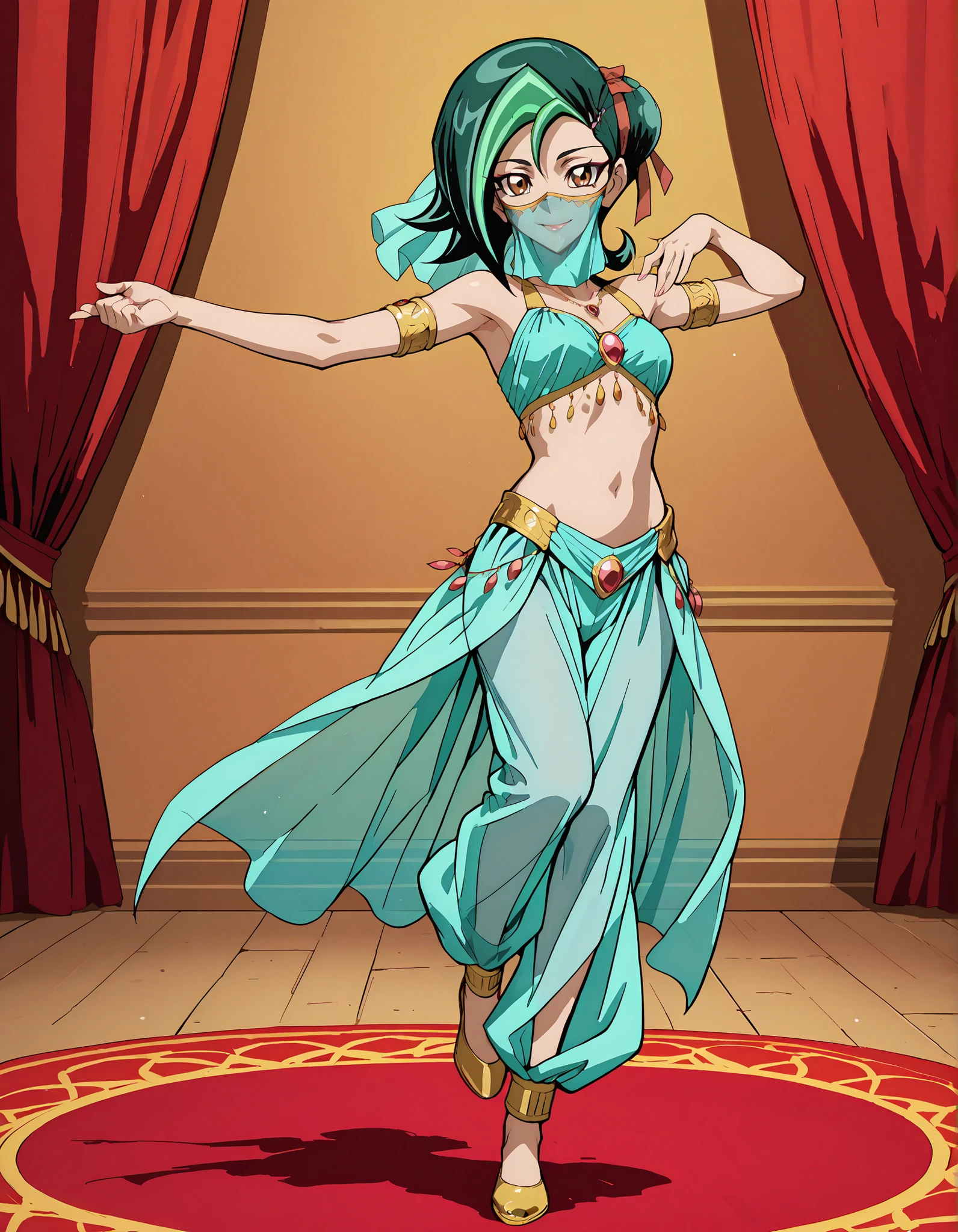 (1girl:1 . 5) , (Seul:1 . 5) , score_9 , score_8_haut , score_7_haut , source_anime , Official work , ultra-detailed , masterpiece , better quality , high resolution , beaux yeux , detailed eyes , Detailed face , beautiful detailed eyesgreen hair, hair bun, multicolored hair, two-tone hair, brown eyes, single hair bun, ribbon, hair ribbon,Yu-Gi-Oh Zexal,Akari Tsukumo,Arabian Clothes , Arabian Dancer ,belly dancer costume,belly dancer outfit ,full body,golden jewelery,mouth veil,armlet, belly dancing,arabian theater,seductive smile, dancing with veil, dynamic movement,dance posture, seductive pose