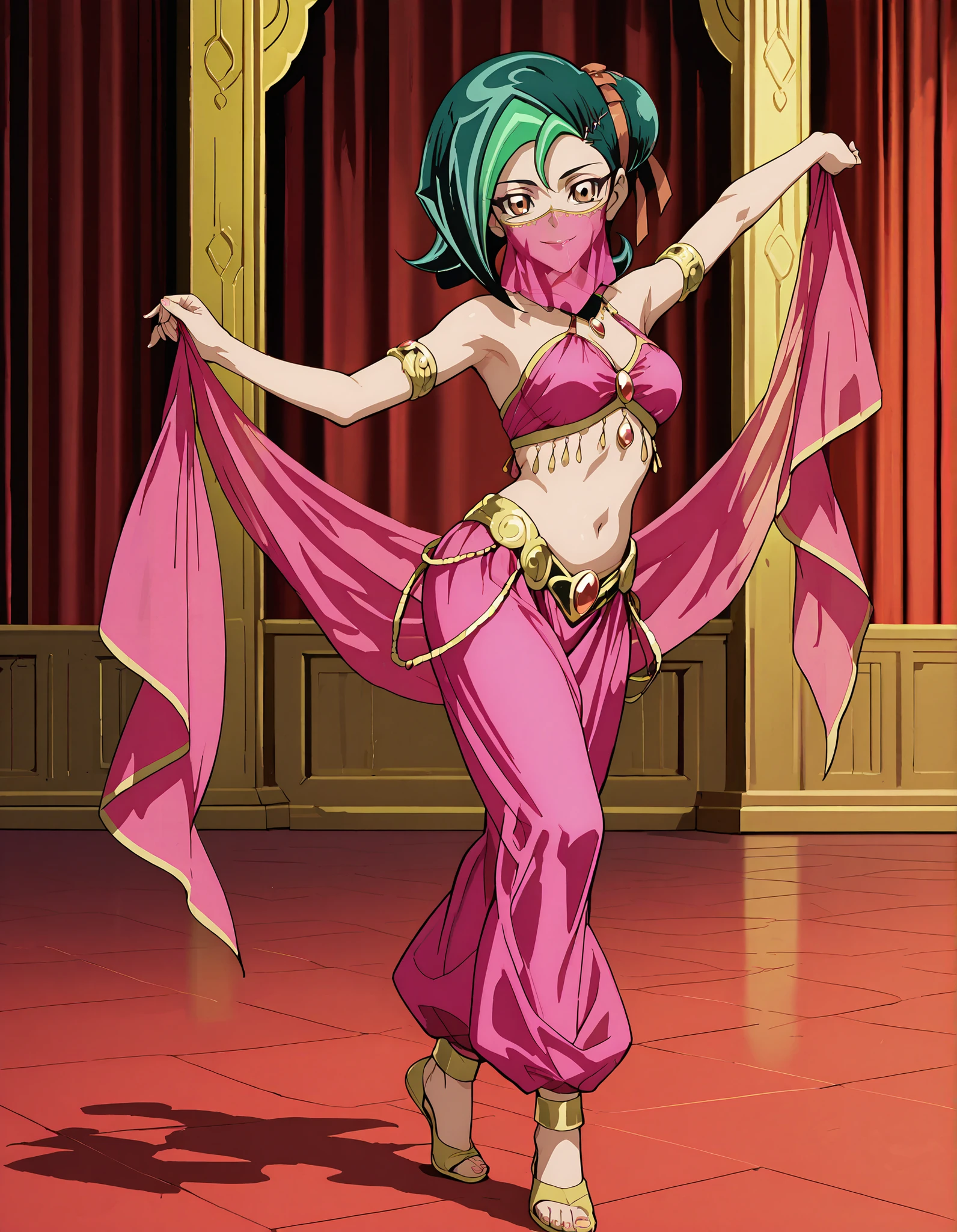 (1girl:1 . 5) , (Seul:1 . 5) , score_9 , score_8_haut , score_7_haut , source_anime , Official work , ultra-detailed , masterpiece , better quality , high resolution , beaux yeux , detailed eyes , Detailed face , beautiful detailed eyesgreen hair, hair bun, multicolored hair, two-tone hair, brown eyes, single hair bun, ribbon, hair ribbon,Yu-Gi-Oh Zexal,Akari Tsukumo,Arabian Clothes , Arabian Dancer ,belly dancer costume,belly dancer outfit ,full body,golden jewelery,mouth veil,armlet, belly dancing,arabian theater,seductive smile, dancing with veil, dynamic movement,dance posture, seductive pose