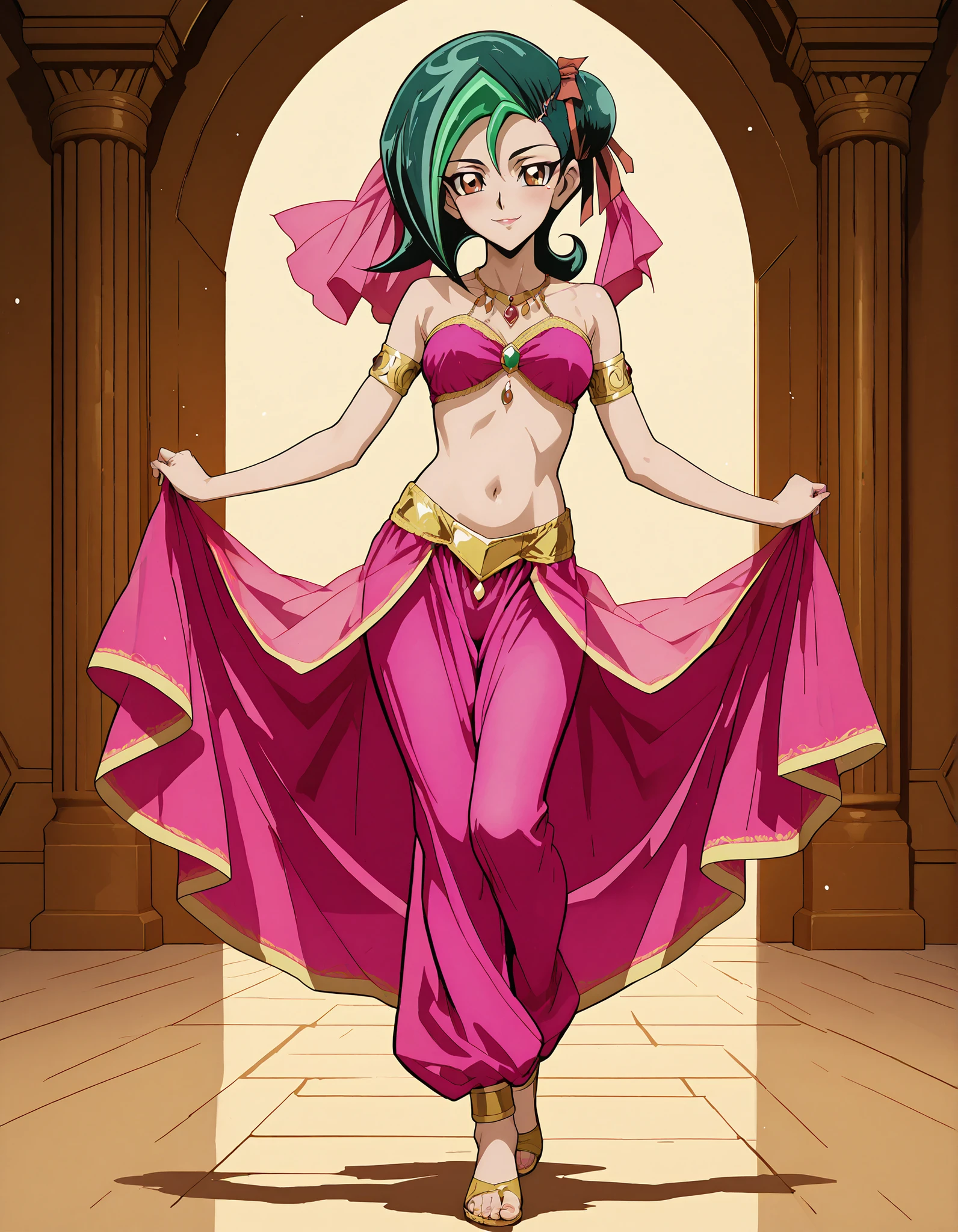 (1girl:1 . 5) , (Seul:1 . 5) , score_9 , score_8_haut , score_7_haut , source_anime , Official work , ultra-detailed , masterpiece , better quality , high resolution , beaux yeux , detailed eyes , Detailed face , beautiful detailed eyesgreen hair, hair bun, multicolored hair, two-tone hair, brown eyes, single hair bun, ribbon, hair ribbon,Yu-Gi-Oh Zexal,Akari Tsukumo,Arabian Clothes , Arabian Dancer ,belly dancer costume,belly dancer outfit ,full body,golden jewelery,armlet, belly dancing,arabian theater,seductive smile, dancing with veil, dynamic movement,dance posture, seductive pose