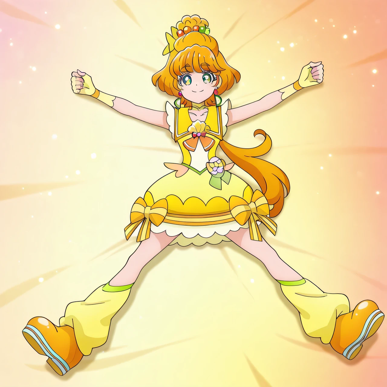 curepapaya, tropri, anime screencap, high quality, solo, lying, on back, from above, arms up, , closed mouth, on bed, looking at viewer, full body, smile, best quality