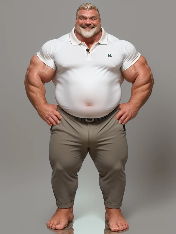 (best quality,4k,8k,highres,masterpiece:1.2),ultra-detailed,(realistic,photorealistic,photo-realistic:1.37),((massive muscular)) ((huge Muscular)) chubby old man standing in photo studio, simple background, , shorts and shoes, white hair, super thick arms, super big pectoral, super wide pectoral, ???????, shirtless, low angel camera 