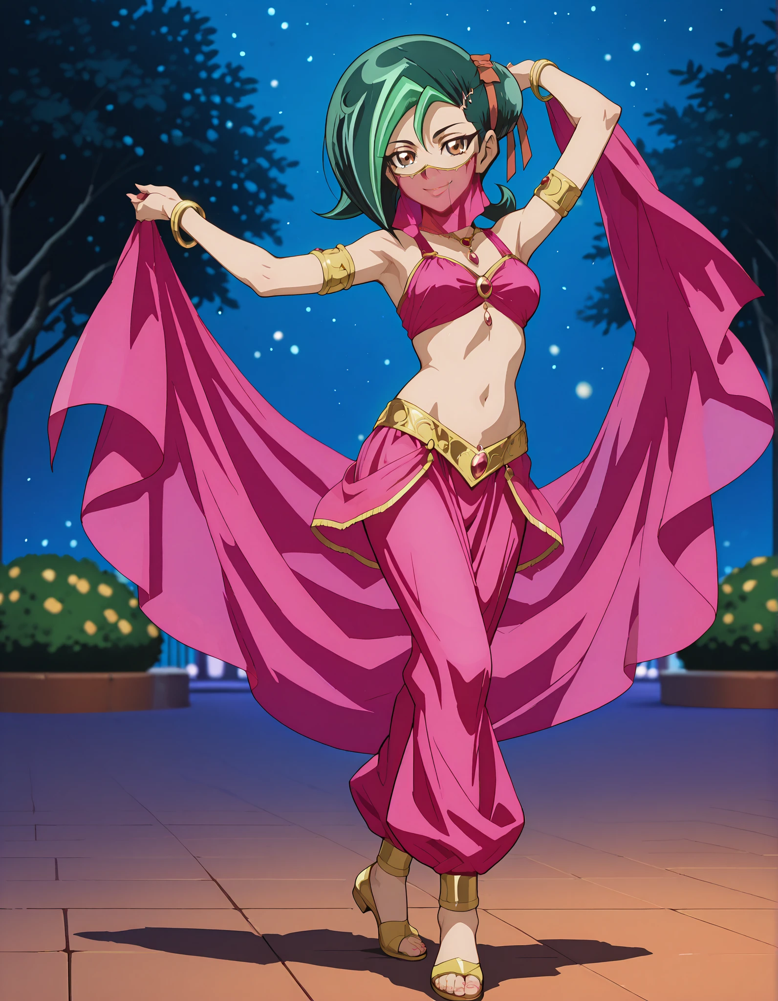(1girl:1 . 5) , (Seul:1 . 5) , score_9 , score_8_haut , score_7_haut , source_anime , Official work , ultra-detailed , masterpiece , better quality , high resolution , beaux yeux , detailed eyes , Detailed face , beautiful detailed eyesgreen hair, hair bun, multicolored hair, two-tone hair, brown eyes, single hair bun, ribbon, hair ribbon,Yu-Gi-Oh Zexal,Kotori Mizuki,Arabian Clothes , Arabian Dancer ,belly dancer costume,belly dancer outfit ,full body,golden jewelery,mouth veil,armlet, belly dancing,night,arabian garden,seductive smile, dancing with veil, dynamic movement,dance posture, seductive pose