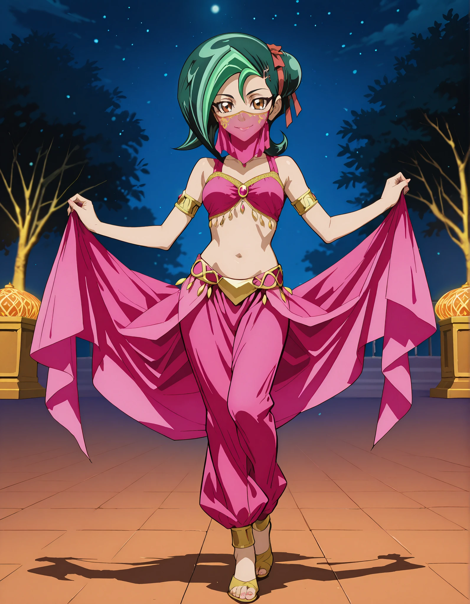 (1girl:1 . 5) , (Seul:1 . 5) , score_9 , score_8_haut , score_7_haut , source_anime , Official work , ultra-detailed , masterpiece , better quality , high resolution , beaux yeux , detailed eyes , Detailed face , beautiful detailed eyesgreen hair, hair bun, multicolored hair, two-tone hair, brown eyes, single hair bun, ribbon, hair ribbon,Yu-Gi-Oh Zexal,Kotori Mizuki,Arabian Clothes , Arabian Dancer ,belly dancer costume,belly dancer outfit ,full body,golden jewelery,mouth veil,armlet, belly dancing,night,arabian garden,seductive smile, dancing with veil, dynamic movement,dance posture, seductive pose