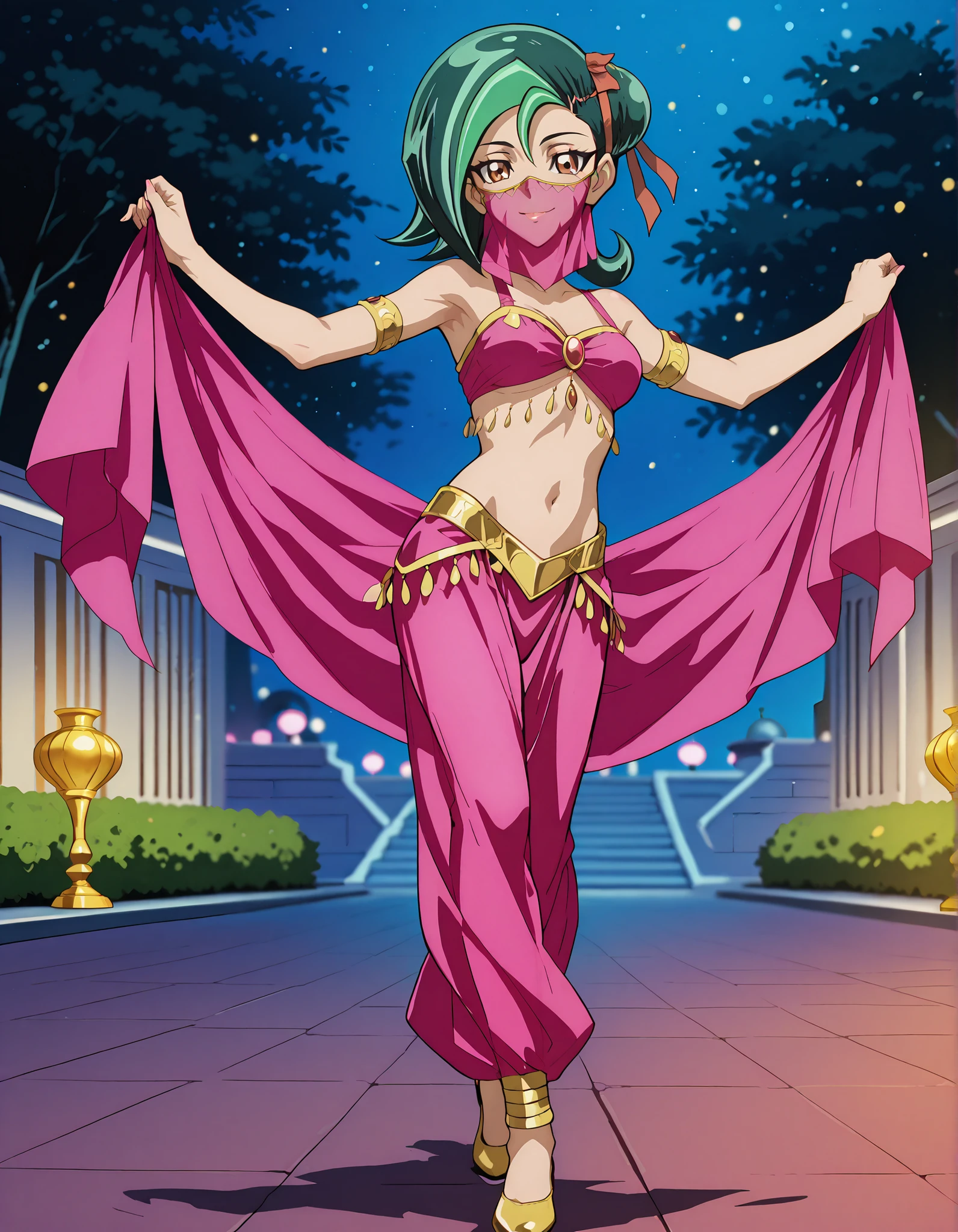 (1girl:1 . 5) , (Seul:1 . 5) , score_9 , score_8_haut , score_7_haut , source_anime , Official work , ultra-detailed , masterpiece , better quality , high resolution , beaux yeux , detailed eyes , Detailed face , beautiful detailed eyesgreen hair, hair bun, multicolored hair, two-tone hair, brown eyes, single hair bun, ribbon, hair ribbon,Yu-Gi-Oh Zexal,Kotori Mizuki,Arabian Clothes , Arabian Dancer ,belly dancer costume,belly dancer outfit ,full body,golden jewelery,mouth veil,armlet, belly dancing,night,arabian garden,seductive smile, dancing with veil, dynamic movement,dance posture, seductive pose