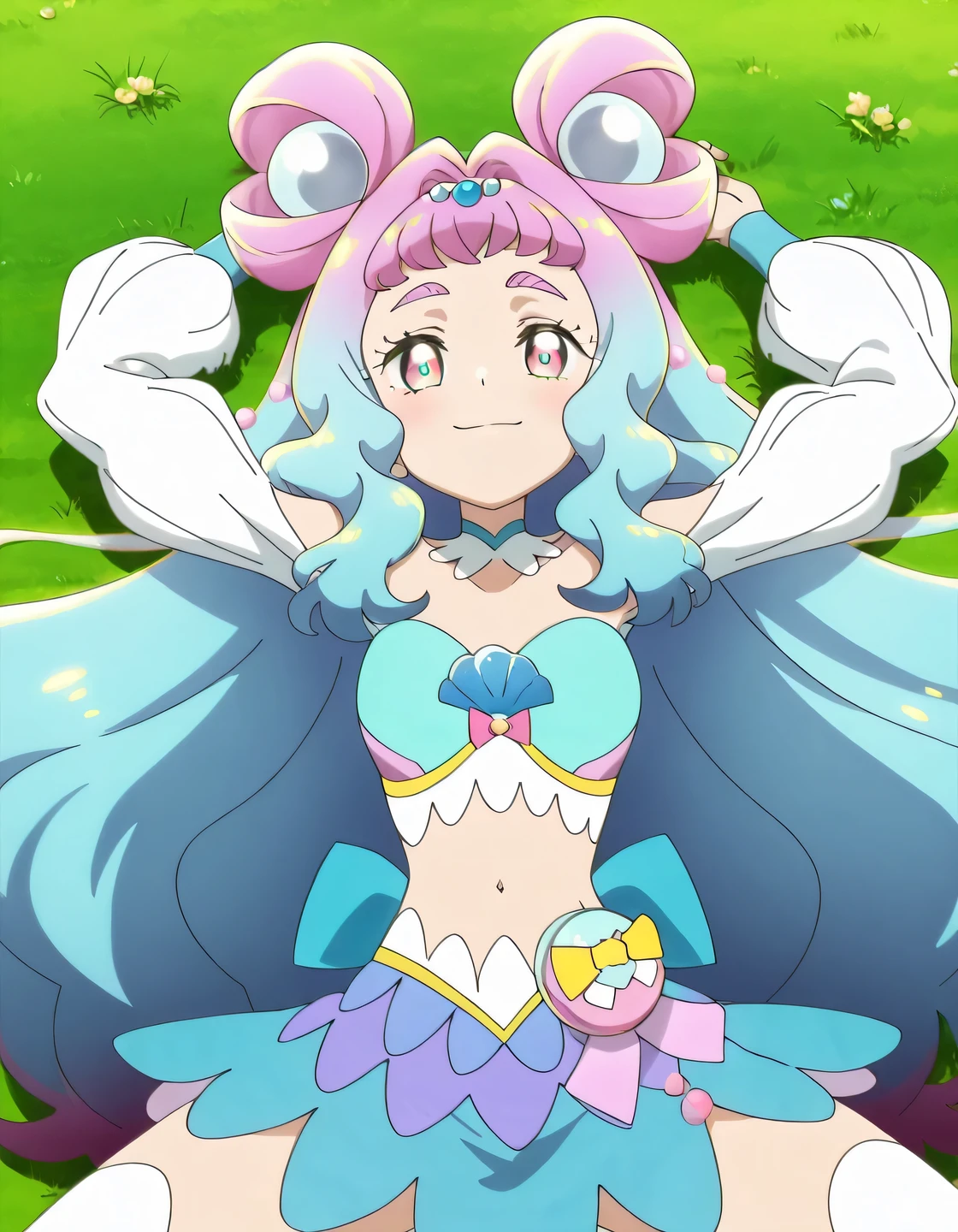 curelamer, lamercostume, anime screencap, high quality, solo, lying, on back, on grass, arms up, , overhead view, cowboy shot, closed mouth, looking at viewer, smile, best quality