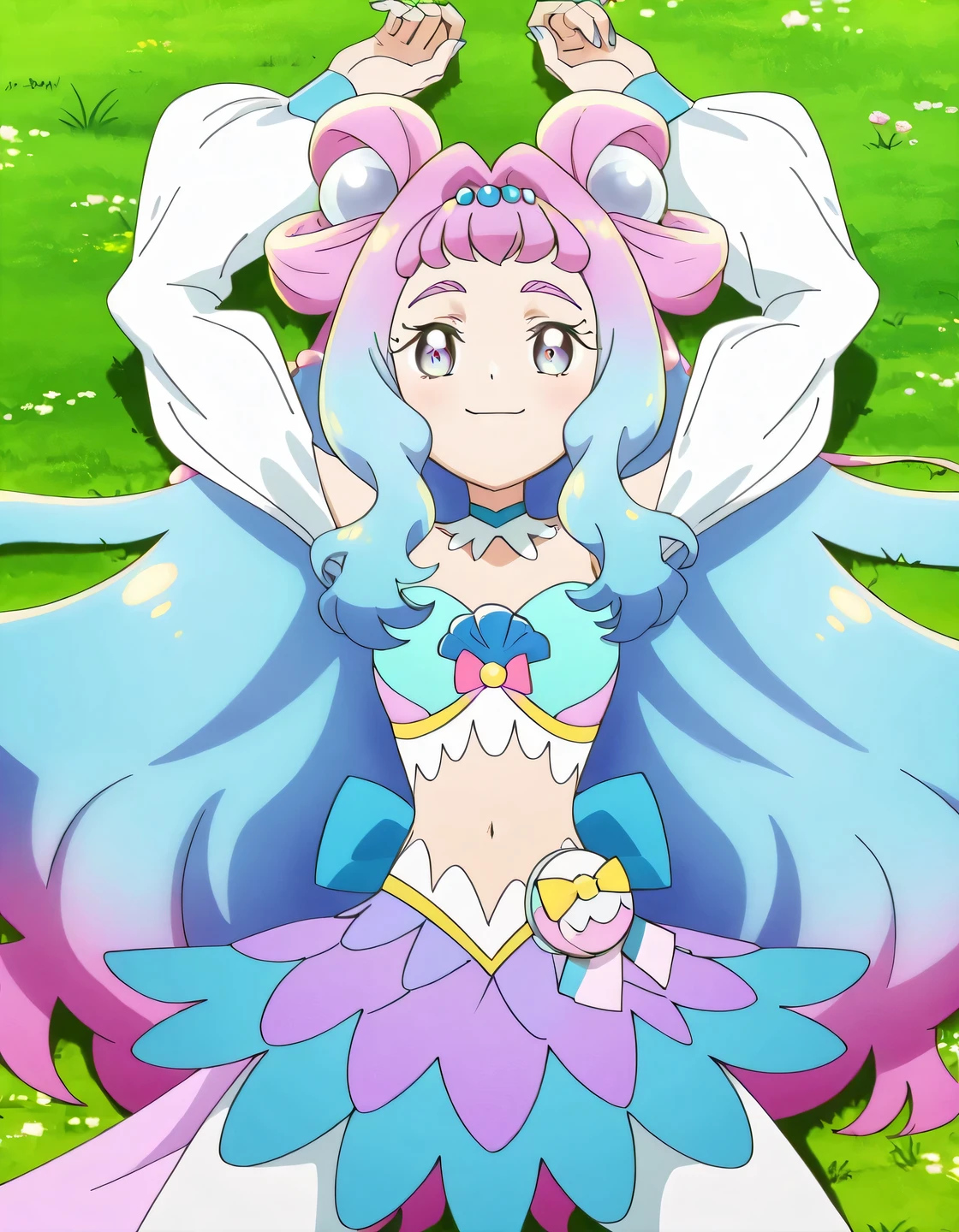 curelamer, lamercostume, anime screencap, high quality, solo, lying, on back, on grass, arms up, spread legs, overhead view, cowboy shot, closed mouth, looking at viewer, smile, best quality