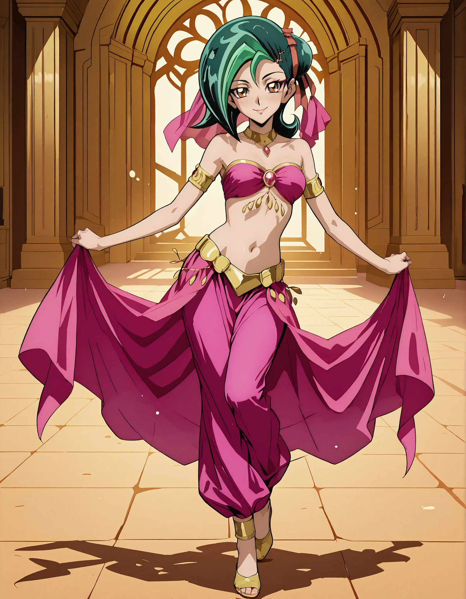 (1girl:1 . 5) , (Seul:1 . 5) , score_9 , score_8_haut , score_7_haut , source_anime , Official work , ultra-detailed , masterpiece , better quality , high resolution , beaux yeux , detailed eyes , Detailed face , beautiful detailed eyesgreen hair, hair bun, multicolored hair, two-tone hair, brown eyes, single hair bun, ribbon, hair ribbon,Yu-Gi-Oh Zexal,Kotori Mizuki,Arabian Clothes , Arabian Dancer ,belly dancer costume,belly dancer outfit ,full body,golden jewelery,armlet, belly dancing,arabian garden,seductive smile, dancing with veil, dynamic movement,dance posture, seductive pose
