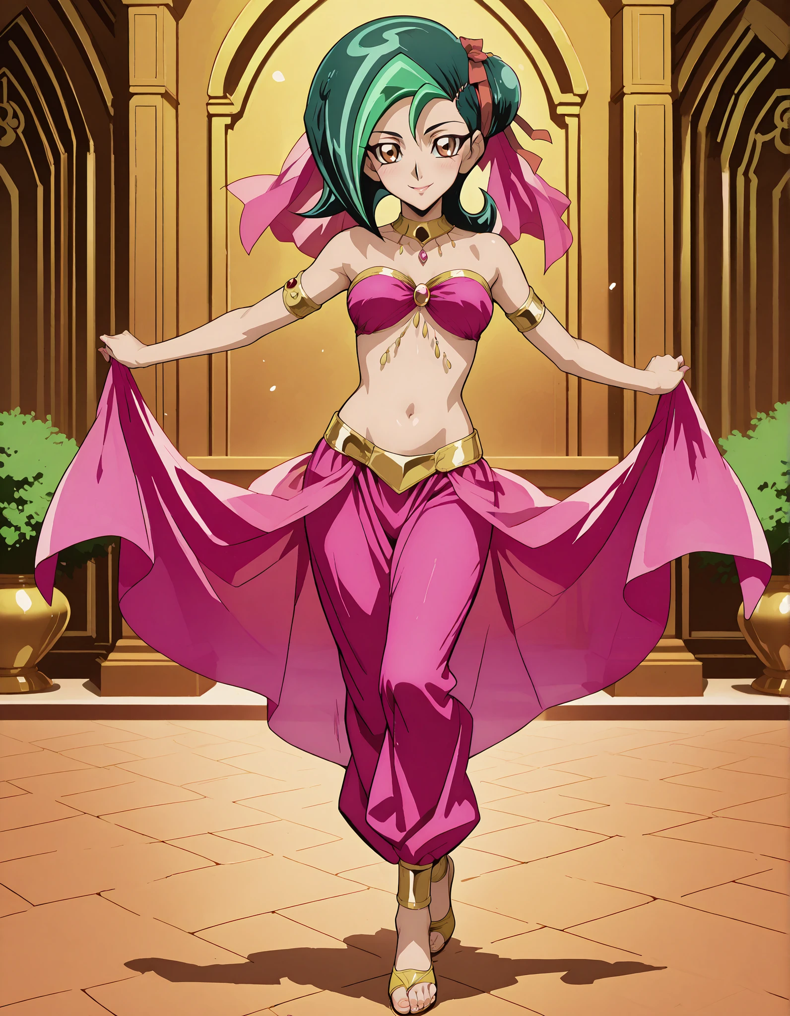 (1girl:1 . 5) , (Seul:1 . 5) , score_9 , score_8_haut , score_7_haut , source_anime , Official work , ultra-detailed , masterpiece , better quality , high resolution , beaux yeux , detailed eyes , Detailed face , beautiful detailed eyesgreen hair, hair bun, multicolored hair, two-tone hair, brown eyes, single hair bun, ribbon, hair ribbon,Yu-Gi-Oh Zexal,Kotori Mizuki,Arabian Clothes , Arabian Dancer ,belly dancer costume,belly dancer outfit ,full body,golden jewelery,armlet, belly dancing,arabian garden,seductive smile, dancing with veil, dynamic movement,dance posture, pose