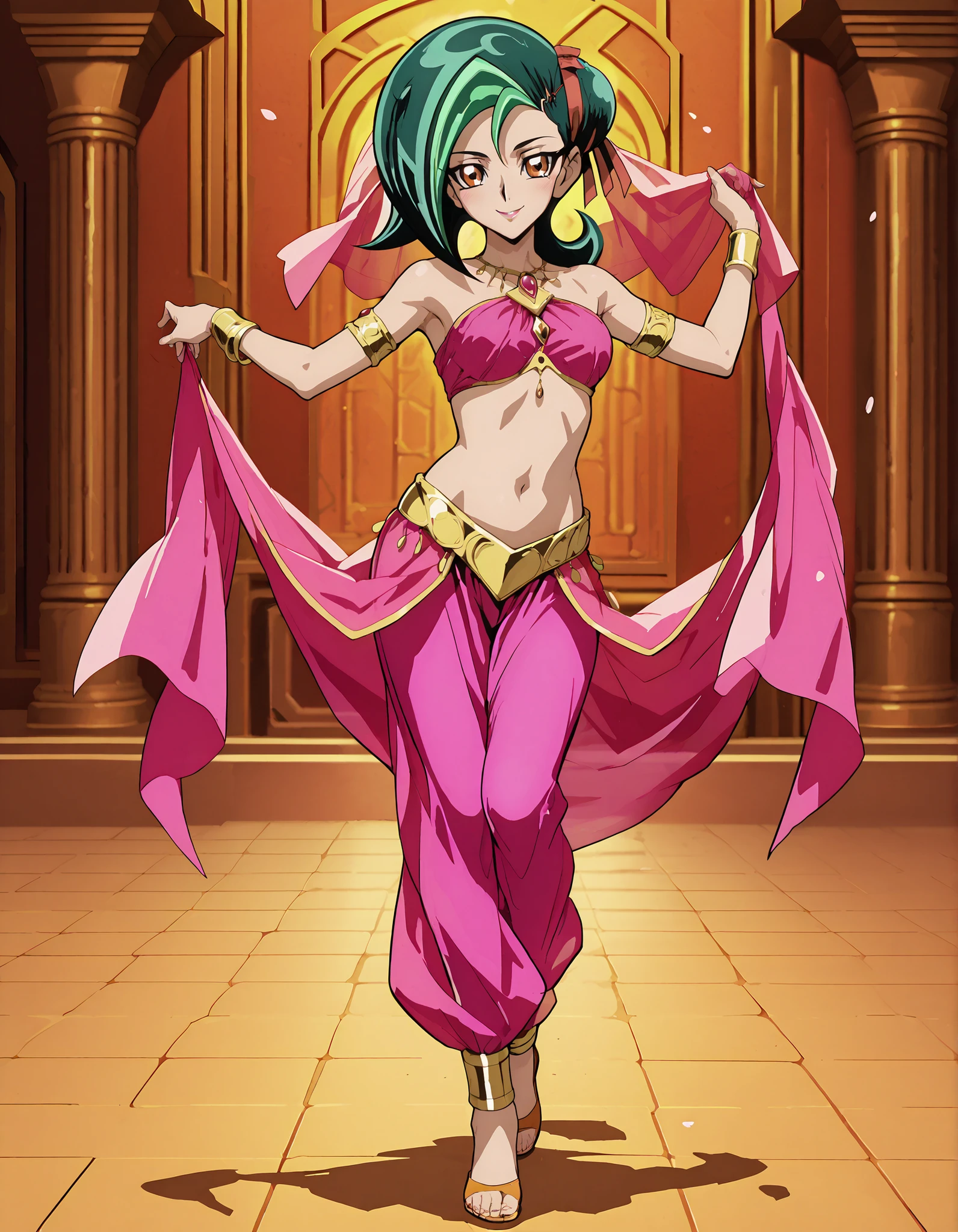 (1girl:1 . 5) , (Seul:1 . 5) , score_9 , score_8_haut , score_7_haut , source_anime , Official work  , ultra-detailed , masterpiece , better quality , high resolution , beaux yeux , detailed eyes , Detailed face , beautiful detailed eyesgreen hair, hair bun, multicolored hair, two-tone hair, brown eyes, single hair bun, ribbon, hair ribbon,Yu-Gi-Oh Zexal,Kotori Mizuki,Arabian Clothes , Arabian Dancer ,belly dancer costume,belly dancer outfit ,full body,golden jewelery,armlet, belly dancing,arabian garden,seductive smile, dancing with veil, dynamic movement,dance posture,  pose