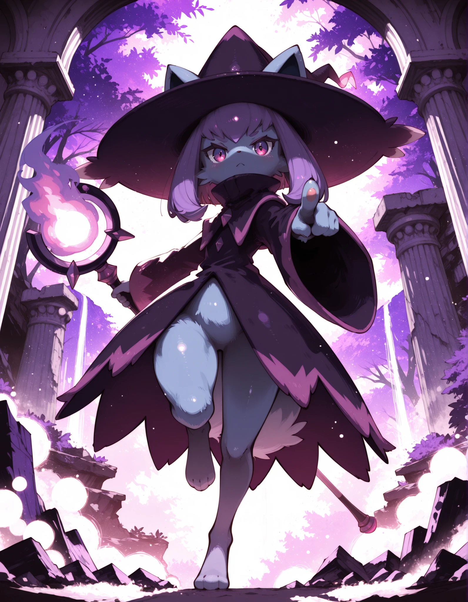 (Noxmauve:1.3),, solo, furry, no human, (katress), cyan body, magenta eyes, purple countershading, wizard hat, high collar, holding staff, half-length portrait, (low-angle view:1.15), one leg up, BREAK, purple fire attack, particles, energy effect, magic user, glowing, floating, action pose, pointing at viewer, foreshortening, reaching towards viewer, BREAK, masterpiece, best quality, high quality, palworld, purple theme, purple light, [by Rasusurasu::0.55], [monochrome:realistic, photorealism, by Potg \(Piotegu\):0.3], [:(by Sokura \(Mochichitose\), by Haku \(Sabosoda\), bokeh:1.25):0.55], detailed background, detailed foreground, sun light, depth of field, backlighting, [:cliff, waterfall, pillar, ruins, tree, dust, apocalypse:0.2], 