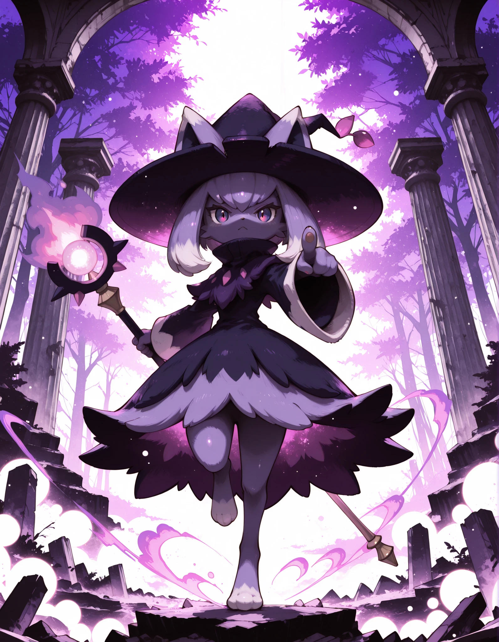 (Noxmauve:1.3),, solo, furry, no human, (katress), cyan body, magenta eyes, purple countershading, wizard hat, high collar, holding staff, half-length portrait, (low-angle view:1.15), one leg up, BREAK, purple fire attack, particles, energy effect, magic user, glowing, floating, action pose, pointing at viewer, foreshortening, reaching towards viewer, BREAK, masterpiece, best quality, high quality, palworld, purple theme, purple light, [by Rasusurasu::0.55], [monochrome:realistic, photorealism, by Potg \(Piotegu\):0.3], [:(by Sokura \(Mochichitose\), by Haku \(Sabosoda\), bokeh:1.25):0.55], detailed background, detailed foreground, sun light, depth of field, backlighting, [:cliff, waterfall, pillar, ruins, tree, dust, apocalypse:0.2], 