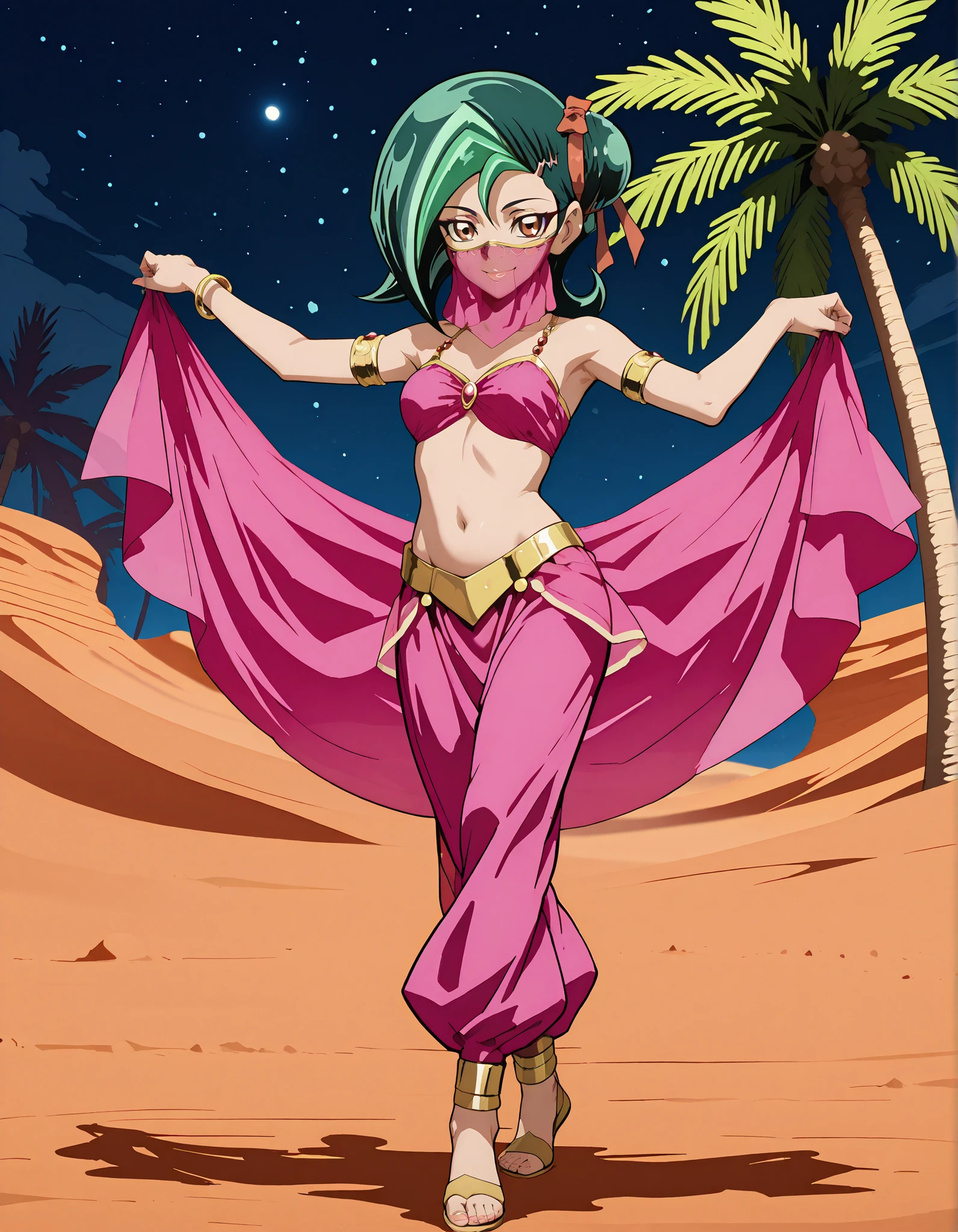 (1girl:1 . 5) , (Seul:1 . 5) , score_9 , score_8_haut , score_7_haut , source_anime , Official work , ultra-detailed , masterpiece , better quality , high resolution , beaux yeux , detailed eyes , Detailed face , beautiful detailed eyesgreen hair, hair bun, multicolored hair, two-tone hair, brown eyes, single hair bun, ribbon, hair ribbon,Yu-Gi-Oh Zexal,Kotori Mizuki,Arabian Clothes , Arabian Dancer ,belly dancer costume,belly dancer outfit ,full body,golden jewelery,mouth veil,armlet, belly dancing,night,desert lands,palm tree,seductive smile, dancing with veil, dynamic movement,dance posture, seductive pose