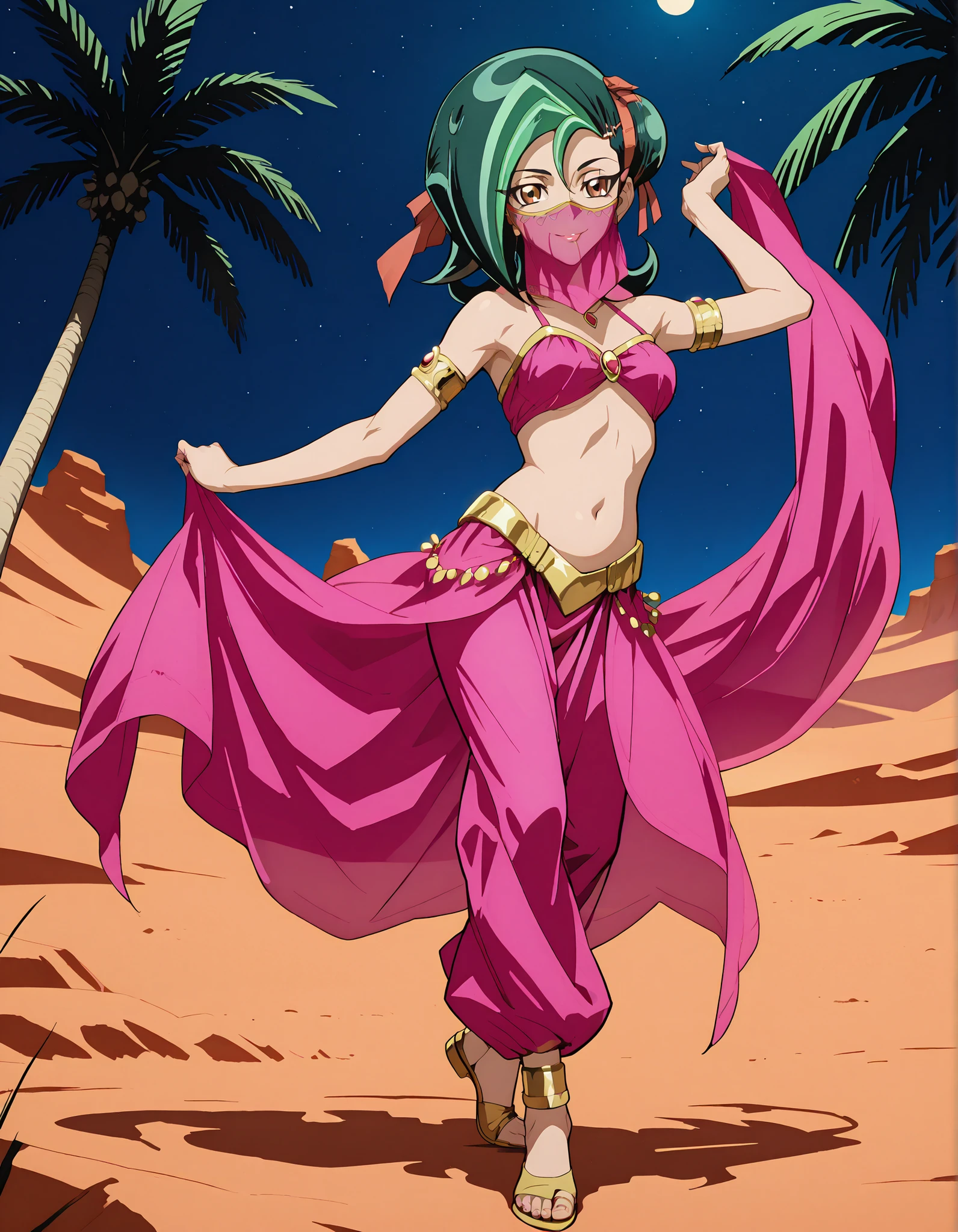 (1girl:1 . 5) , (Seul:1 . 5) , score_9 , score_8_haut , score_7_haut , source_anime , Official work , ultra-detailed , masterpiece , better quality , high resolution , beaux yeux , detailed eyes , Detailed face , beautiful detailed eyesgreen hair, hair bun, multicolored hair, two-tone hair, brown eyes, single hair bun, ribbon, hair ribbon,Yu-Gi-Oh Zexal,Kotori Mizuki,Arabian Clothes , Arabian Dancer ,belly dancer costume,belly dancer outfit ,full body,golden jewelery,mouth veil,armlet, belly dancing,night,desert lands,palm tree,seductive smile, dancing with veil, dynamic movement,dance posture, seductive pose