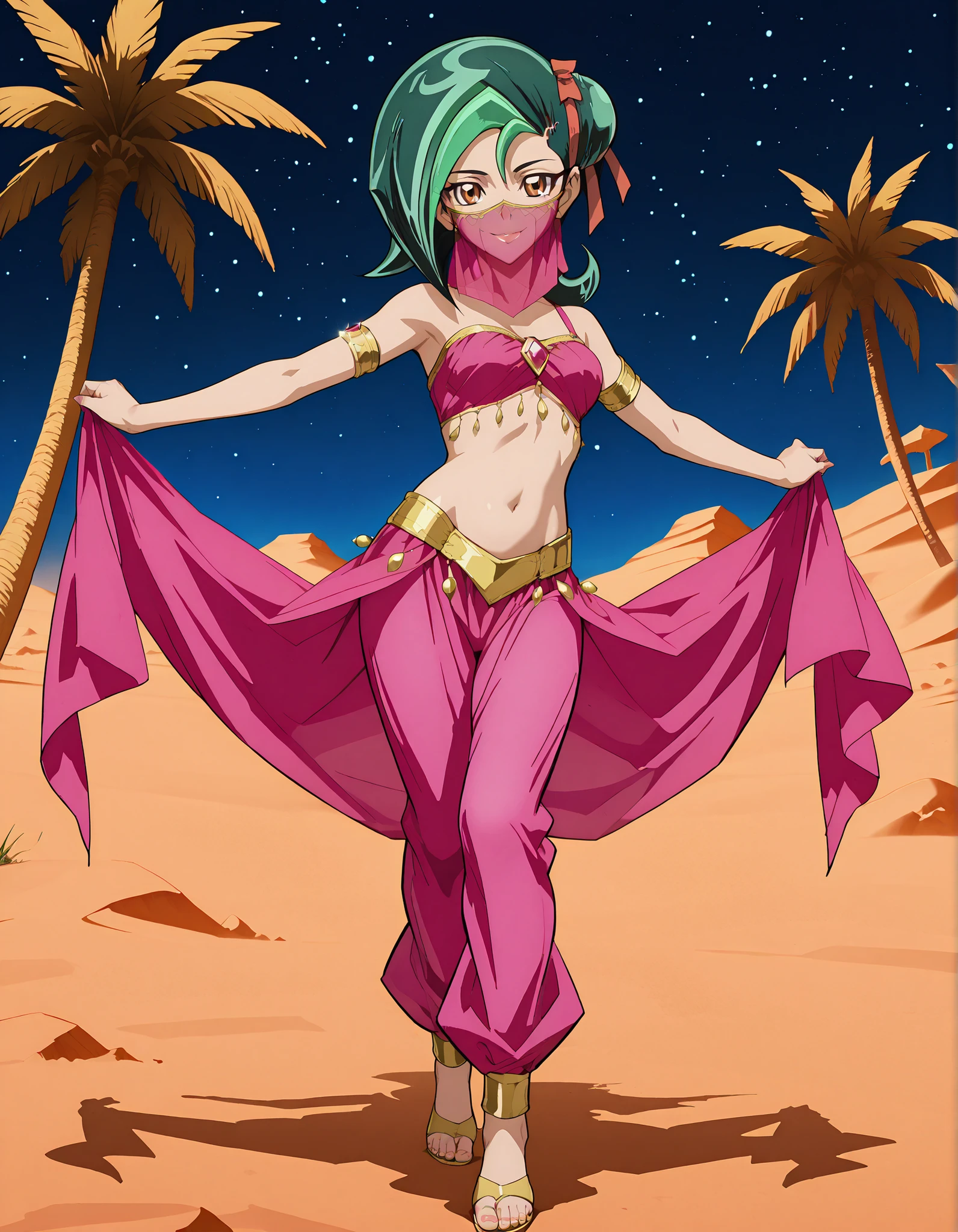 (1girl:1 . 5) , (Seul:1 . 5) , score_9 , score_8_haut , score_7_haut , source_anime , Official work , ultra-detailed , masterpiece , better quality , high resolution , beaux yeux , detailed eyes , Detailed face , beautiful detailed eyesgreen hair, hair bun, multicolored hair, two-tone hair, brown eyes, single hair bun, ribbon, hair ribbon,Yu-Gi-Oh Zexal,Kotori Mizuki,Arabian Clothes , Arabian Dancer ,belly dancer costume,belly dancer outfit ,full body,golden jewelery,mouth veil,armlet, belly dancing,night,desert lands,palm tree,seductive smile, dancing with veil, dynamic movement,dance posture, pose