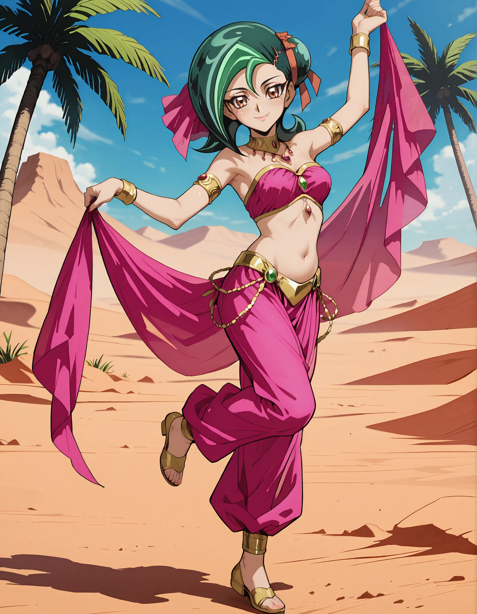 (1girl:1 . 5) , (Seul:1 . 5) , score_9 , score_8_haut , score_7_haut , source_anime , Official work , ultra-detailed , masterpiece , better quality , high resolution , beaux yeux , detailed eyes , Detailed face , beautiful detailed eyesgreen hair, hair bun, multicolored hair, two-tone hair, brown eyes, single hair bun, ribbon, hair ribbon,Yu-Gi-Oh Zexal,Kotori Mizuki,Arabian Clothes , Arabian Dancer ,belly dancer costume,belly dancer outfit ,full body,golden jewelery,armlet, belly dancing,desert lands,palm tree,seductive smile, dancing with veil, dynamic movement,dance posture, pose