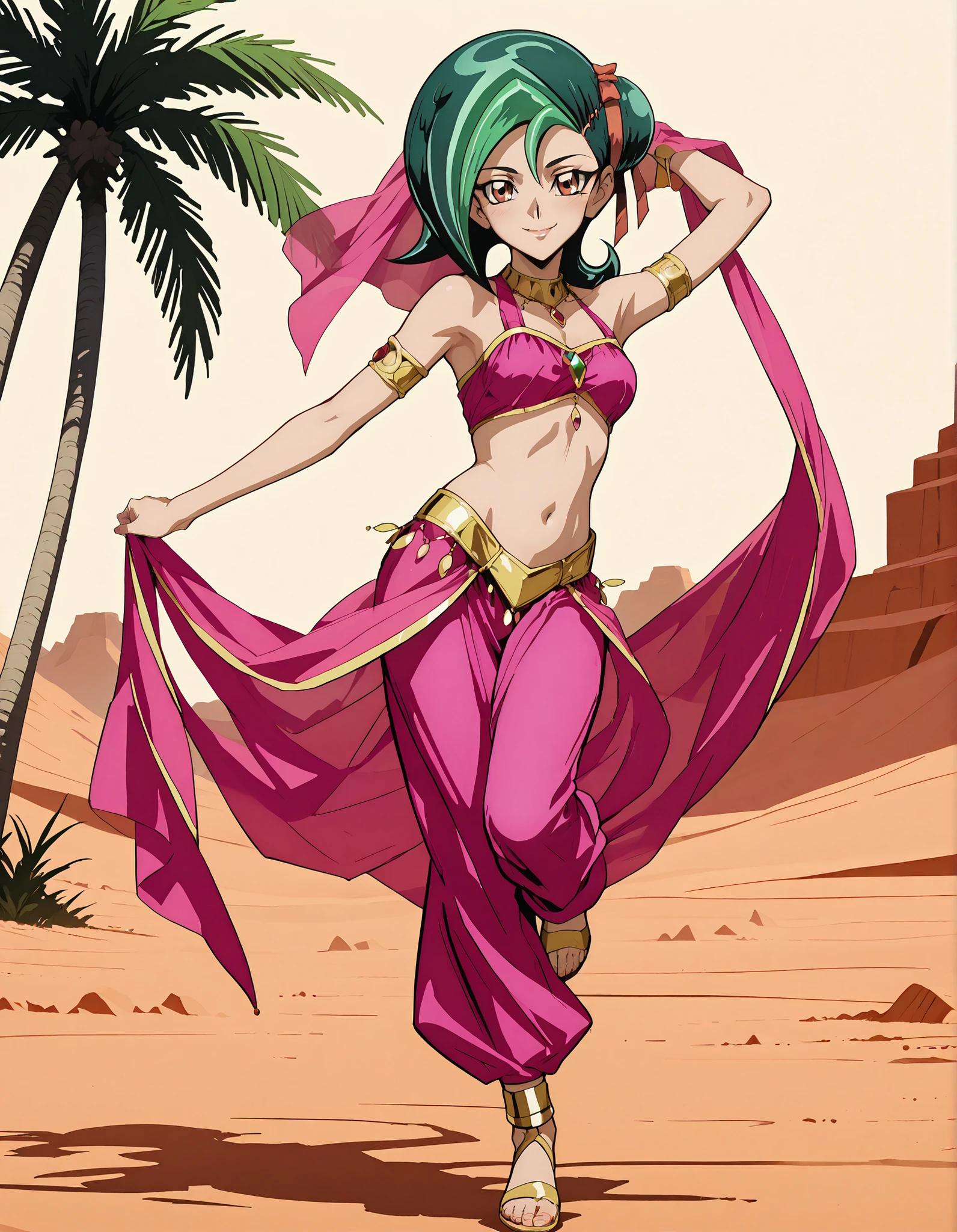 (1girl:1 . 5) , (Seul:1 . 5) , score_9 , score_8_haut , score_7_haut , source_anime , Official work , ultra-detailed , masterpiece , better quality , high resolution , beaux yeux , detailed eyes , Detailed face , beautiful detailed eyesgreen hair, hair bun, multicolored hair, two-tone hair, brown eyes, single hair bun, ribbon, hair ribbon,Yu-Gi-Oh Zexal,Kotori Mizuki,Arabian Clothes , Arabian Dancer ,belly dancer costume,belly dancer outfit ,full body,golden jewelery,armlet, belly dancing,desert lands,palm tree,seductive smile, dancing with veil, dynamic movement,dance posture, seductive pose
