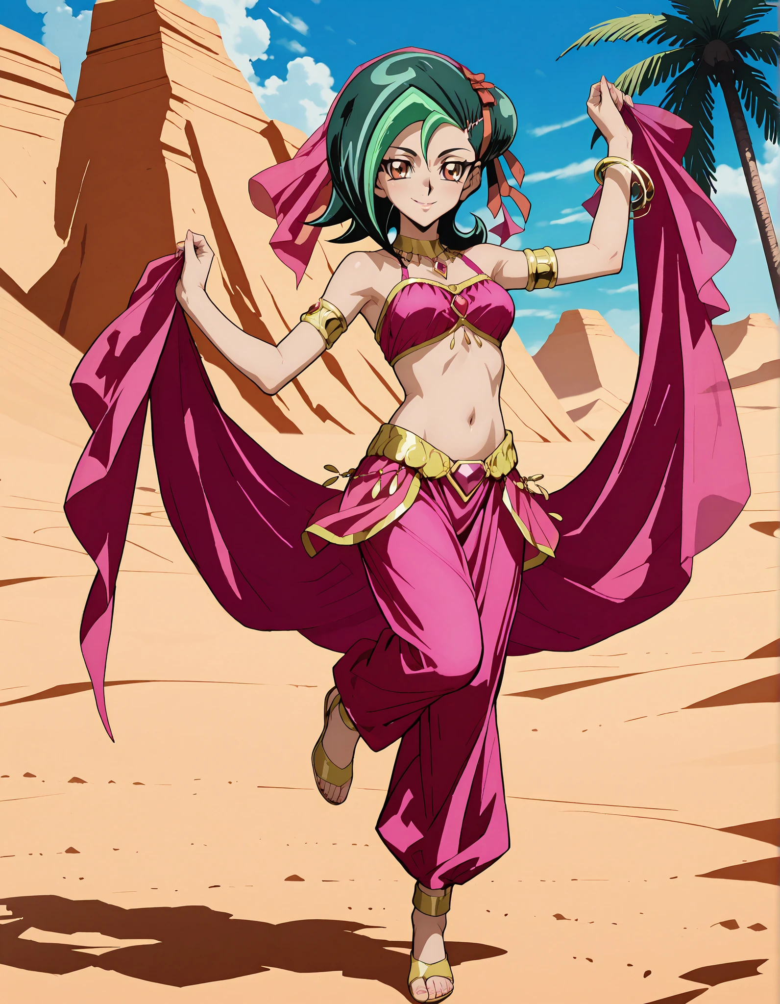 (1girl:1 . 5) , (Seul:1 . 5) , score_9 , score_8_haut , score_7_haut , source_anime , Official work , ultra-detailed , masterpiece , better quality , high resolution , beaux yeux , detailed eyes , Detailed face , beautiful detailed eyesgreen hair, hair bun, multicolored hair, two-tone hair, brown eyes, single hair bun, ribbon, hair ribbon,Yu-Gi-Oh Zexal,Kotori Mizuki,Arabian Clothes , Arabian Dancer ,belly dancer costume,belly dancer outfit ,full body,golden jewelery,armlet, belly dancing,desert lands,palm tree,seductive smile, dancing with veil, dynamic movement,dance posture, seductive pose