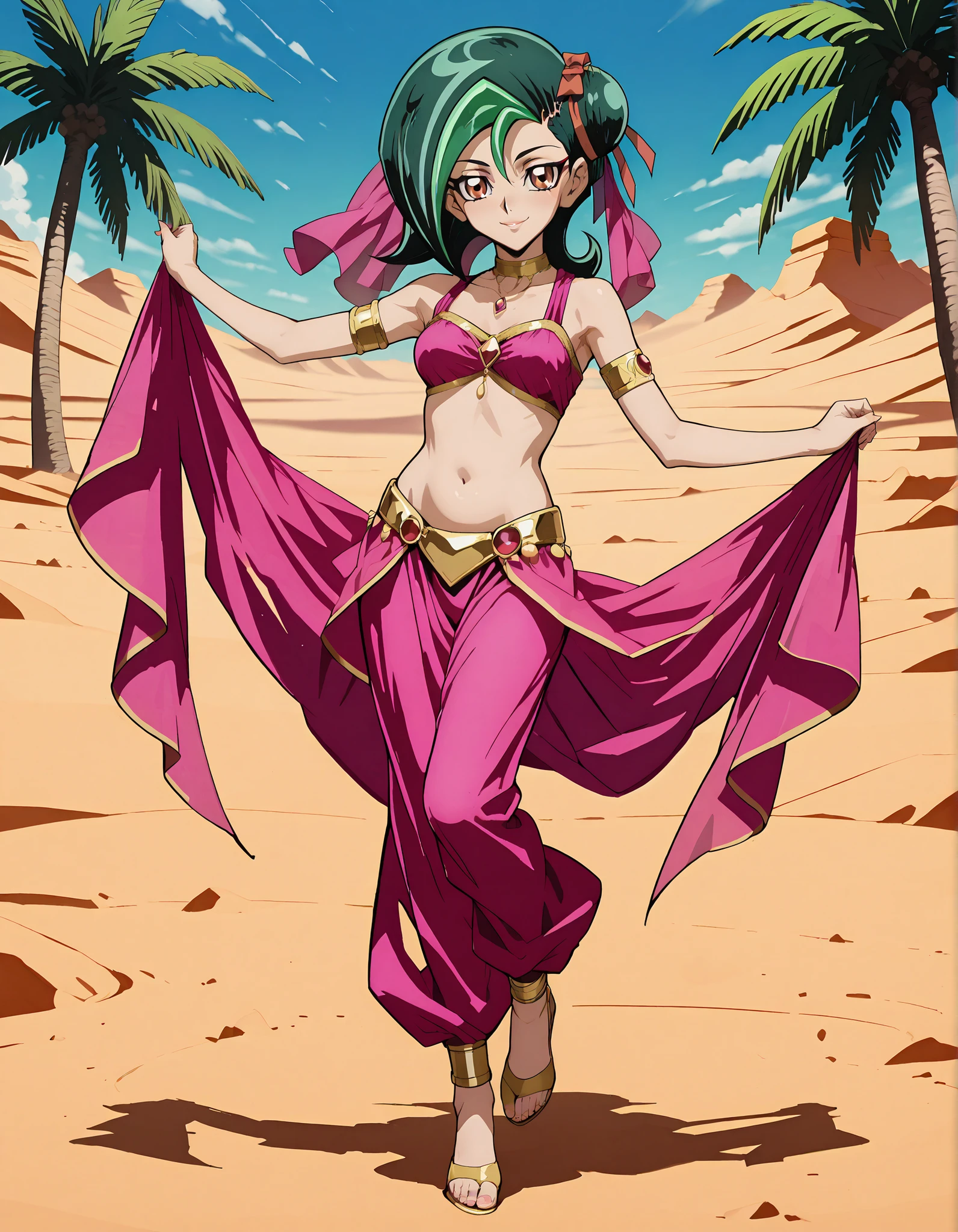 (1girl:1 . 5) , (Seul:1 . 5) , score_9 , score_8_haut , score_7_haut , source_anime , Official work  , ultra-detailed , masterpiece , better quality , high resolution , beaux yeux , detailed eyes , Detailed face , beautiful detailed eyesgreen hair, hair bun, multicolored hair, two-tone hair, brown eyes, single hair bun, ribbon, hair ribbon,Yu-Gi-Oh Zexal,Kotori Mizuki,Arabian Clothes , Arabian Dancer ,belly dancer costume,belly dancer outfit ,full body,golden jewelery,armlet, belly dancing,desert lands,palm tree,seductive smile, dancing with veil, dynamic movement,dance posture,  pose