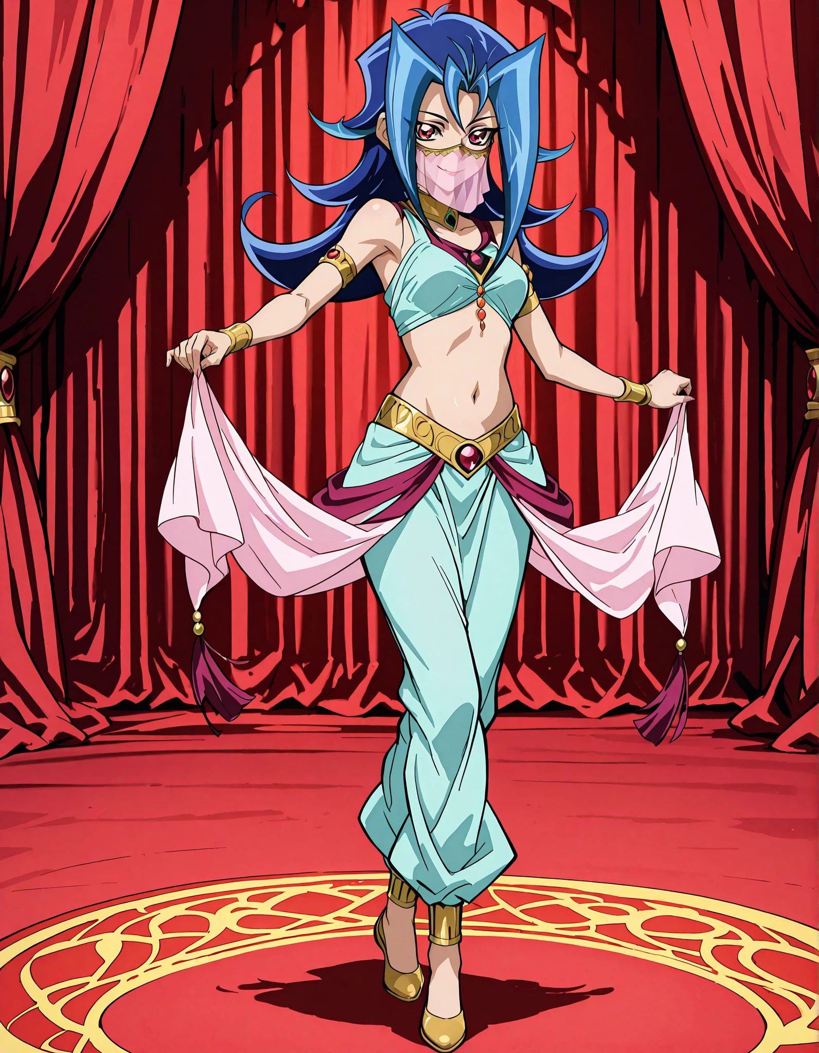 (1girl:1 . 5) , (Seul:1 . 5) , score_9 , score_8_haut , score_7_haut , source_anime , Official work , ultra-detailed , masterpiece , better quality , high resolution , beaux yeux , detailed eyes , Detailed face , beautiful detailed eyes,blue hair, long hair, multicolored hair, flipped hair, skirt, two-tone hair, red eyes,Yu-Gi-Oh Zexal,Rio Kamishiro,Arabian Clothes , Arabian Dancer ,belly dancer costume,belly dancer outfit ,full body,golden jewelery,mouth veil,armlet, belly dancing,arabian theater,seductive smile, dancing with veil, dynamic movement,dance posture, seductive pose