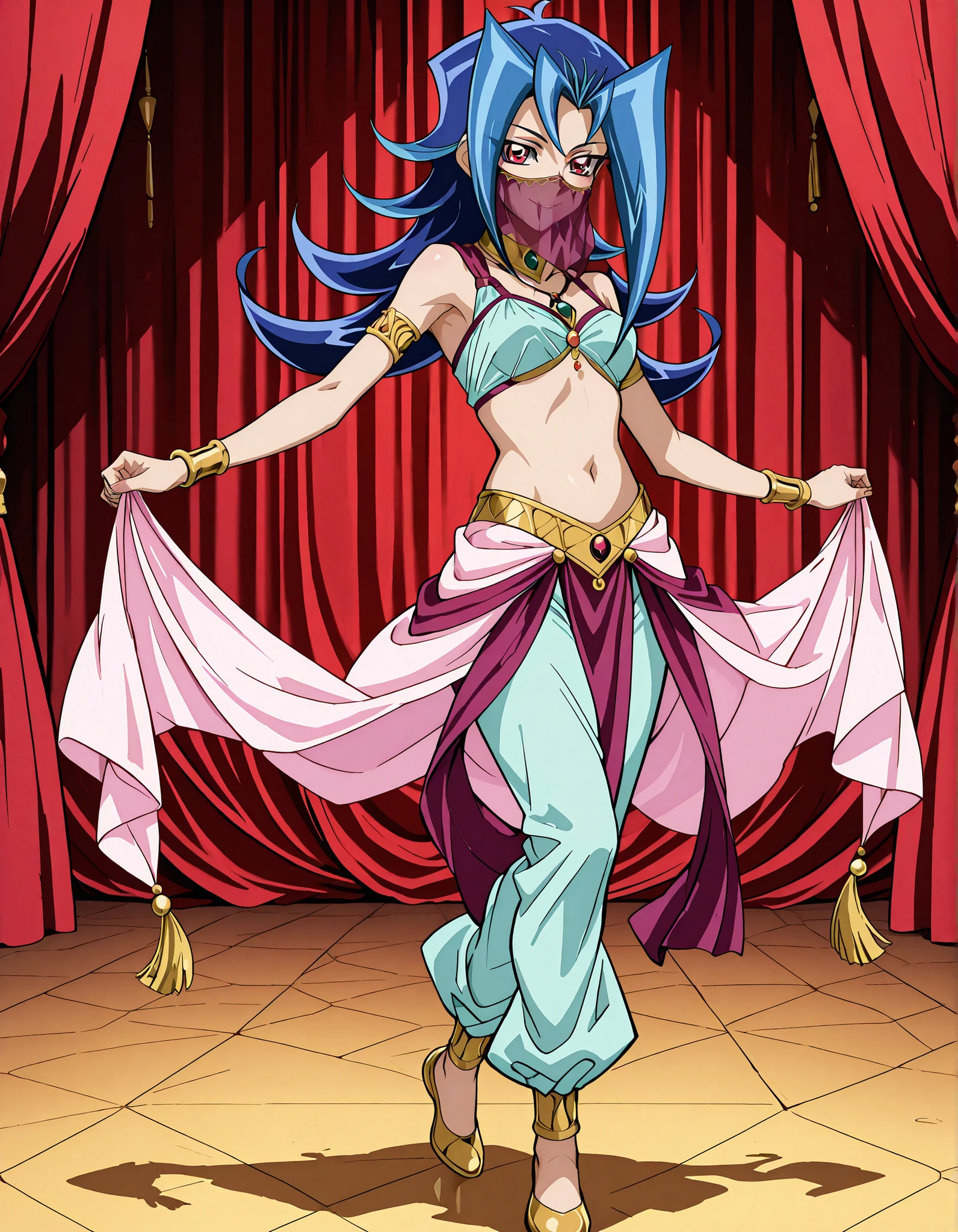 (1girl:1 . 5) , (Seul:1 . 5) , score_9 , score_8_haut , score_7_haut , source_anime , Official work , ultra-detailed , masterpiece , better quality , high resolution , beaux yeux , detailed eyes , Detailed face , beautiful detailed eyes,blue hair, long hair, multicolored hair, flipped hair, skirt, two-tone hair, red eyes,Yu-Gi-Oh Zexal,Rio Kamishiro,Arabian Clothes , Arabian Dancer ,belly dancer costume,belly dancer outfit ,full body,golden jewelery,mouth veil,armlet, belly dancing,arabian theater,seductive smile, dancing with veil, dynamic movement,dance posture, seductive pose