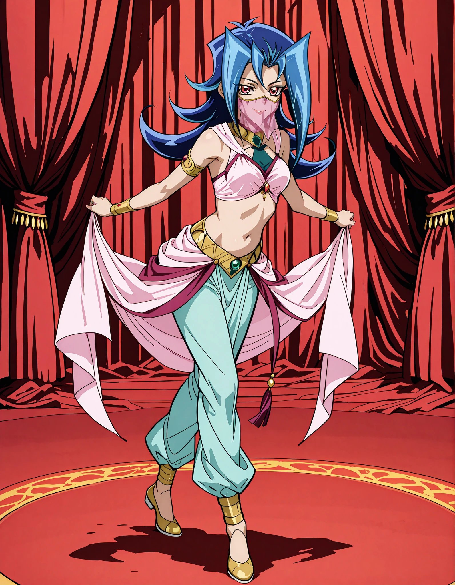 (1girl:1 . 5) , (Seul:1 . 5) , score_9 , score_8_haut , score_7_haut , source_anime , Official work , ultra-detailed , masterpiece , better quality , high resolution , beaux yeux , detailed eyes , Detailed face , beautiful detailed eyes,blue hair, long hair, multicolored hair, flipped hair, skirt, two-tone hair, red eyes,Yu-Gi-Oh Zexal,Rio Kamishiro,Arabian Clothes , Arabian Dancer ,belly dancer costume,belly dancer outfit ,full body,golden jewelery,mouth veil,armlet, belly dancing,arabian theater,seductive smile, dancing with veil, dynamic movement,dance posture, seductive pose