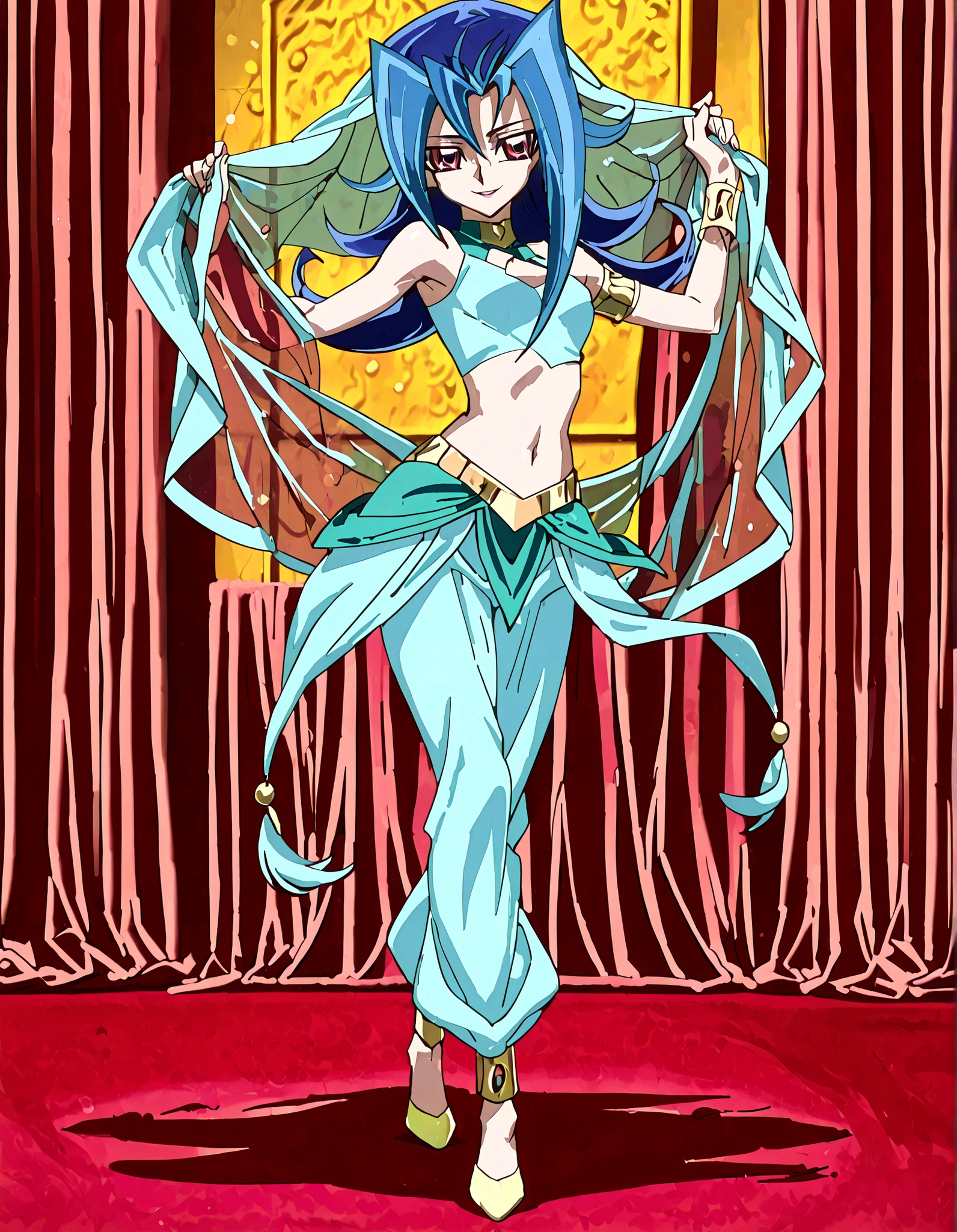 (1girl:1 . 5) , (Seul:1 . 5) , score_9 , score_8_haut , score_7_haut , source_anime , Official work , ultra-detailed , masterpiece , better quality , high resolution , beaux yeux , detailed eyes , Detailed face , beautiful detailed eyes,blue hair, long hair, multicolored hair, flipped hair, skirt, two-tone hair, red eyes,Yu-Gi-Oh Zexal,Rio Kamishiro,Arabian Clothes , Arabian Dancer ,belly dancer costume,belly dancer outfit ,full body,golden jewelery,armlet, belly dancing,arabian theater,seductive smile, dancing with veil, dynamic movement,dance posture, seductive pose