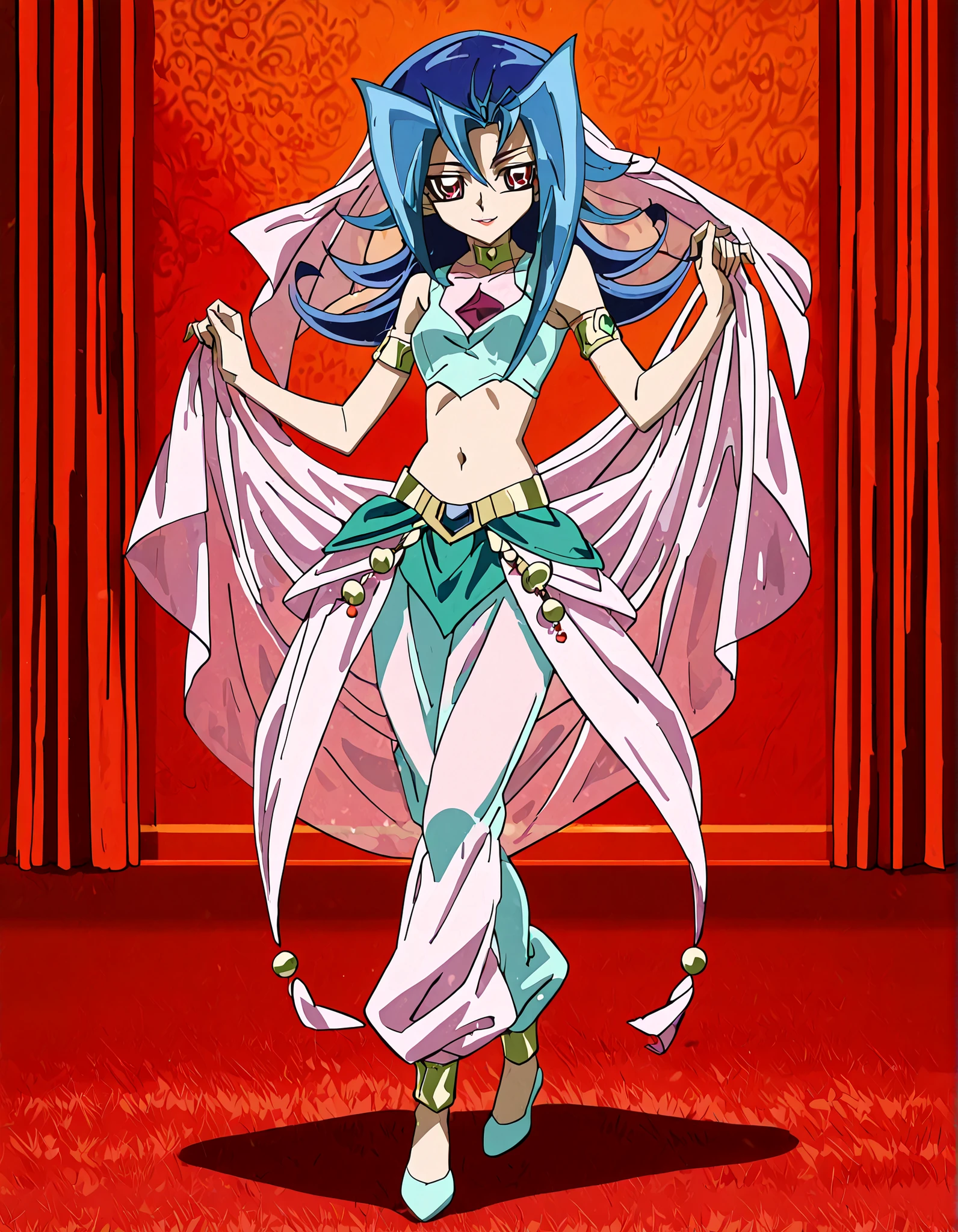 (1girl:1 . 5) , (Seul:1 . 5) , score_9 , score_8_haut , score_7_haut , source_anime , Official work  , ultra-detailed , masterpiece , better quality , high resolution , beaux yeux , detailed eyes , Detailed face , beautiful detailed eyes,blue hair, long hair, multicolored hair, flipped hair, skirt, two-tone hair, red eyes,Yu-Gi-Oh Zexal,Rio Kamishiro,Arabian Clothes , Arabian Dancer ,belly dancer costume,belly dancer outfit ,full body,golden jewelery,armlet, belly dancing,arabian theater,seductive smile, dancing with veil, dynamic movement,dance posture,  pose