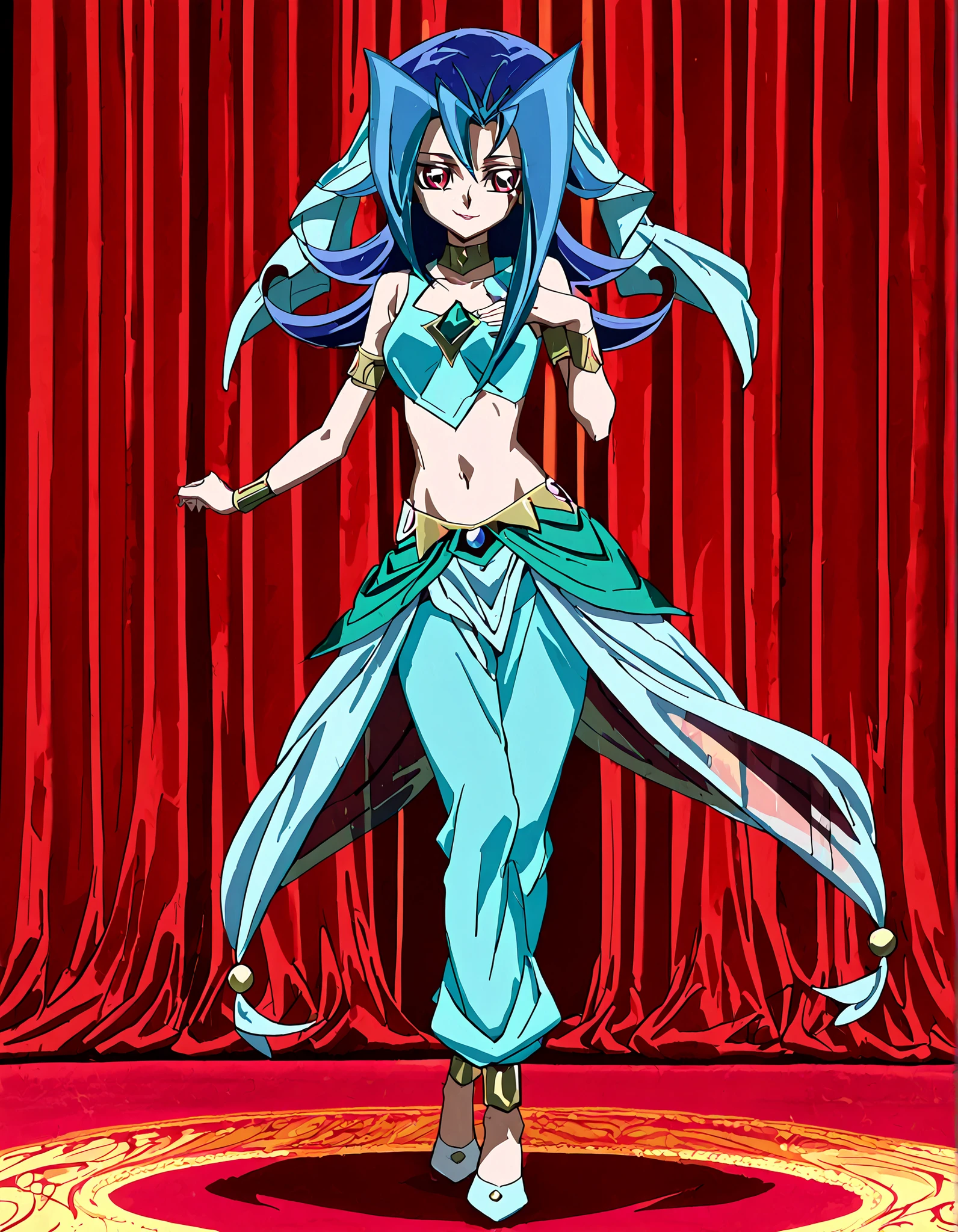 (1girl:1 . 5) , (Seul:1 . 5) , score_9 , score_8_haut , score_7_haut , source_anime , Official work , ultra-detailed , masterpiece , better quality , high resolution , beaux yeux , detailed eyes , Detailed face , beautiful detailed eyes,blue hair, long hair, multicolored hair, flipped hair, skirt, two-tone hair, red eyes,Yu-Gi-Oh Zexal,Rio Kamishiro,Arabian Clothes , Arabian Dancer ,belly dancer costume,belly dancer outfit ,full body,golden jewelery,armlet, belly dancing,arabian theater,seductive smile, dancing with veil, dynamic movement,dance posture, seductive pose