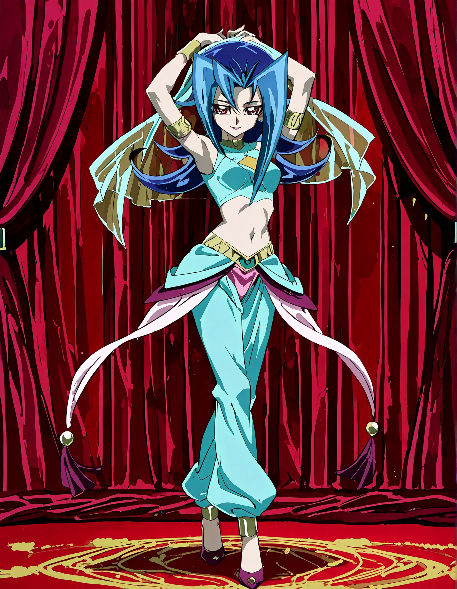 (1girl:1 . 5) , (Seul:1 . 5) , score_9 , score_8_haut , score_7_haut , source_anime , Official work , ultra-detailed , masterpiece , better quality , high resolution , beaux yeux , detailed eyes , Detailed face , beautiful detailed eyes,blue hair, long hair, multicolored hair, flipped hair, skirt, two-tone hair, red eyes,Yu-Gi-Oh Zexal,Rio Kamishiro,Arabian Clothes , Arabian Dancer ,belly dancer costume,belly dancer outfit ,full body,golden jewelery,armlet, belly dancing,arabian theater,seductive smile, dancing with veil, dynamic movement,dance posture, seductive pose
