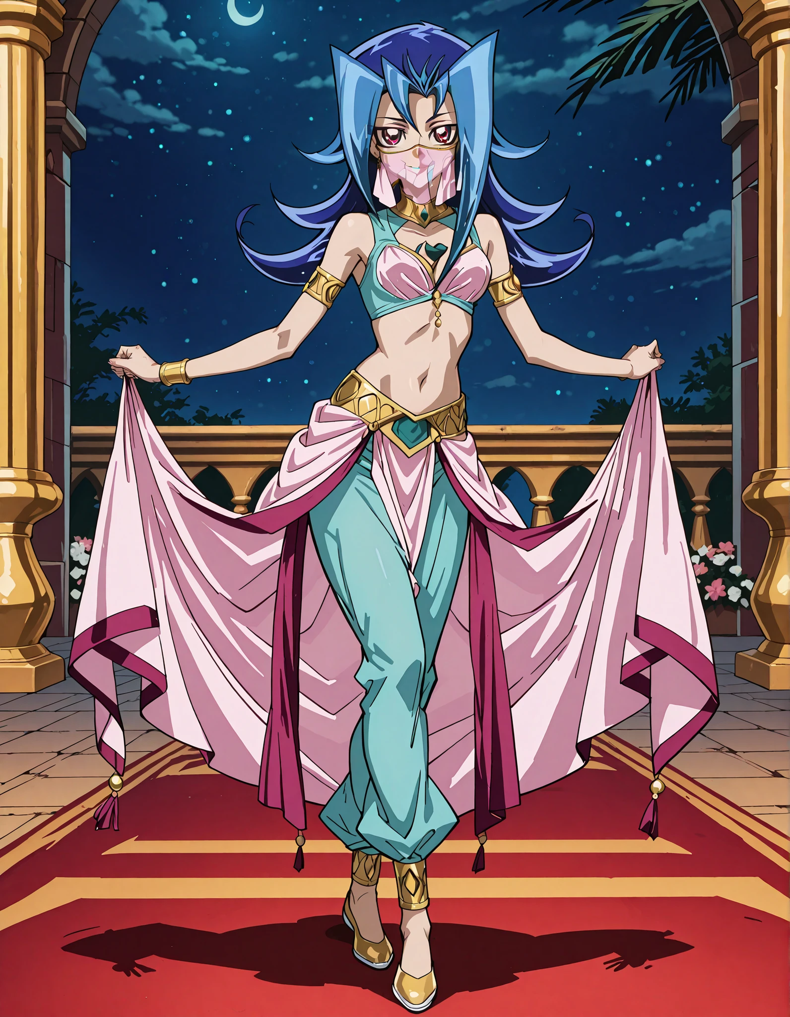 (1girl:1 . 5) , (Seul:1 . 5) , score_9 , score_8_haut , score_7_haut , source_anime , Official work , ultra-detailed , masterpiece , better quality , high resolution , beaux yeux , detailed eyes , Detailed face , beautiful detailed eyes,blue hair, long hair, multicolored hair, flipped hair, skirt, two-tone hair, red eyes,Yu-Gi-Oh Zexal,Rio Kamishiro,Arabian Clothes , Arabian Dancer ,belly dancer costume,belly dancer outfit ,full body,golden jewelery,mouth veil,armlet, belly dancing,night,arabian garden,seductive smile, dancing with veil, dynamic movement,dance posture, seductive pose