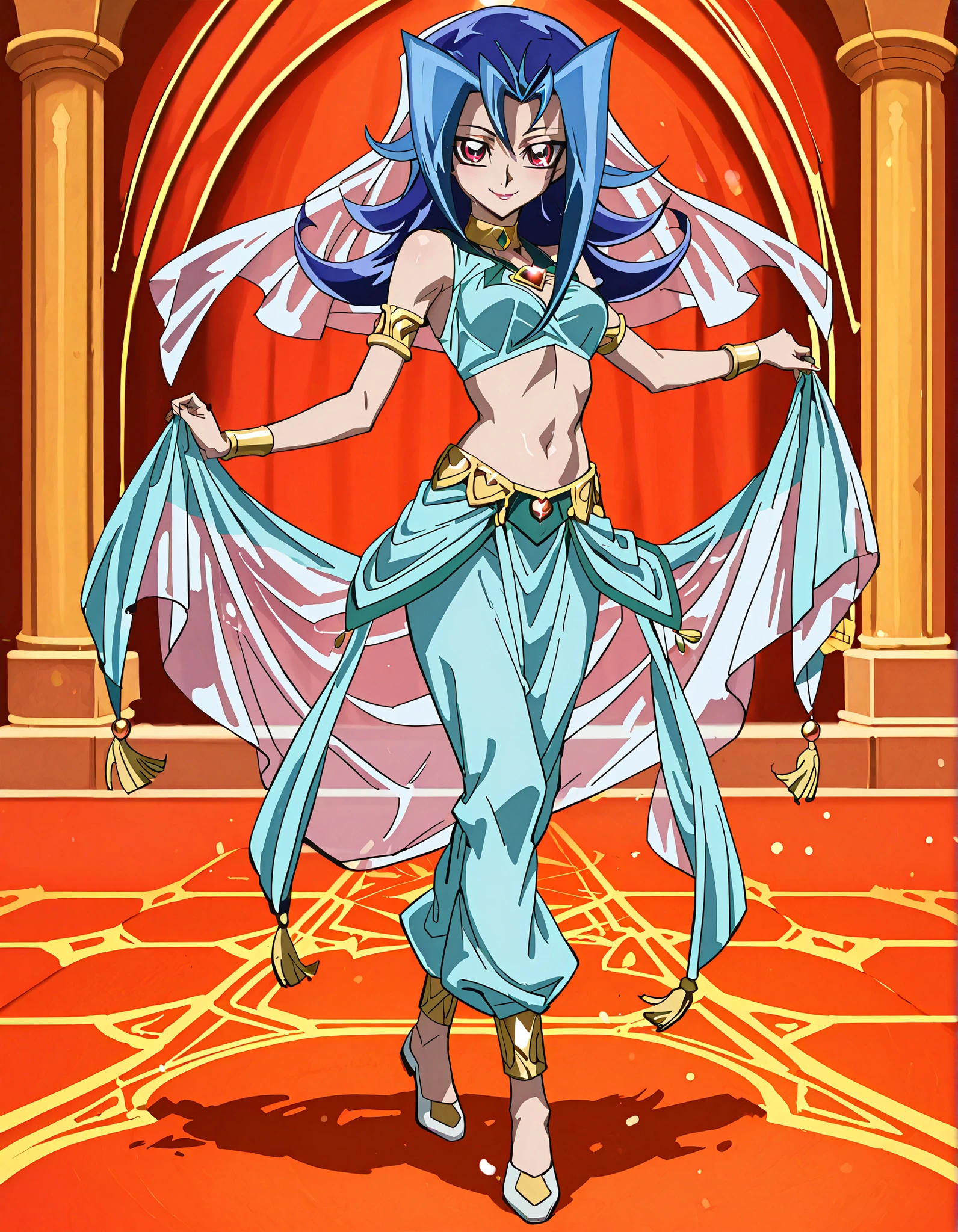 (1girl:1 . 5) , (Seul:1 . 5) , score_9 , score_8_haut , score_7_haut , source_anime , Official work , ultra-detailed , masterpiece , better quality , high resolution , beaux yeux , detailed eyes , Detailed face , beautiful detailed eyes,blue hair, long hair, multicolored hair, flipped hair, skirt, two-tone hair, red eyes,Yu-Gi-Oh Zexal,Rio Kamishiro,Arabian Clothes , Arabian Dancer ,belly dancer costume,belly dancer outfit ,full body,golden jewelery,armlet, belly dancing,arabian garden,seductive smile, dancing with veil, dynamic movement,dance posture, pose
