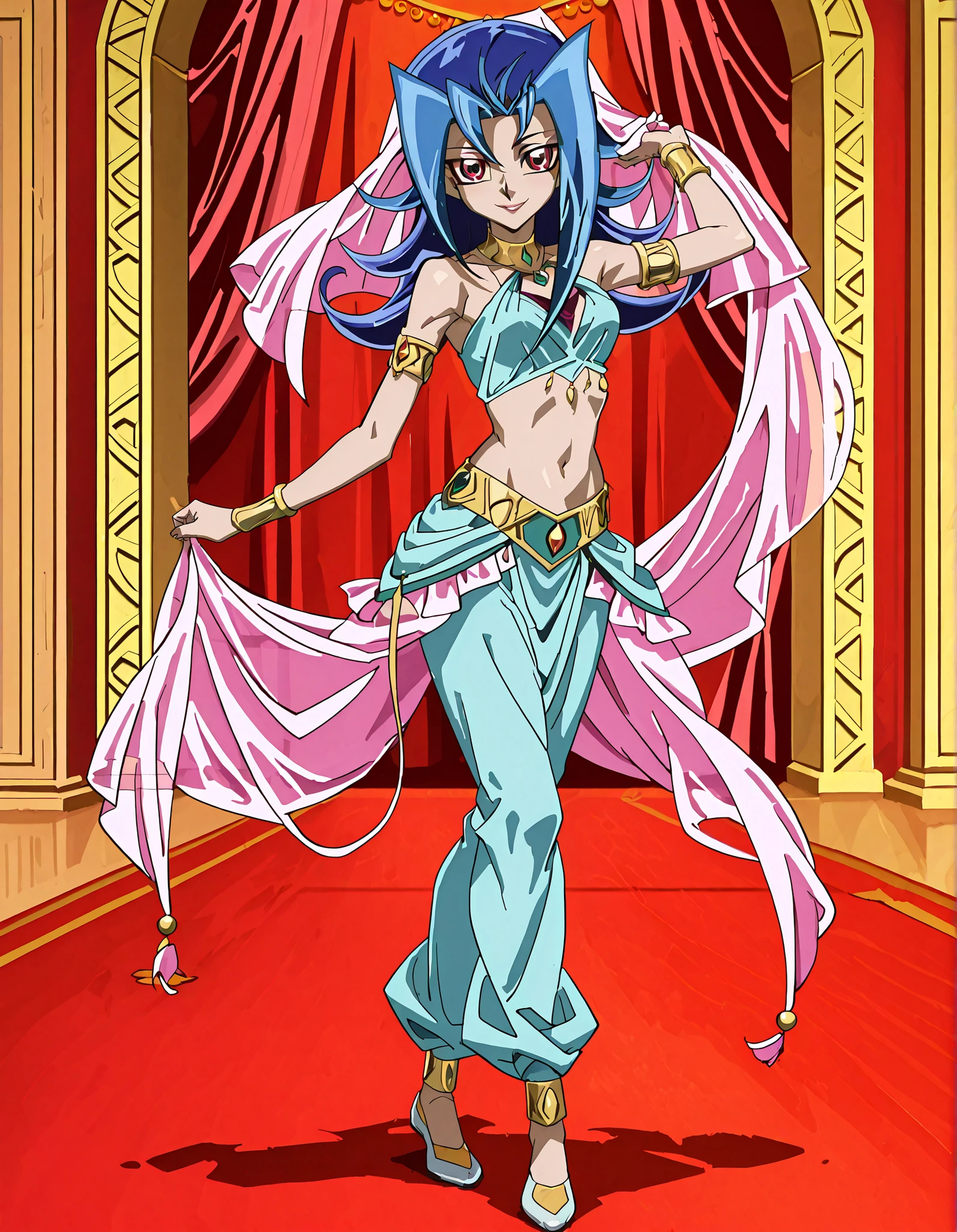(1girl:1 . 5) , (Seul:1 . 5) , score_9 , score_8_haut , score_7_haut , source_anime , Official work , ultra-detailed , masterpiece , better quality , high resolution , beaux yeux , detailed eyes , Detailed face , beautiful detailed eyes,blue hair, long hair, multicolored hair, flipped hair, skirt, two-tone hair, red eyes,Yu-Gi-Oh Zexal,Rio Kamishiro,Arabian Clothes , Arabian Dancer ,belly dancer costume,belly dancer outfit ,full body,golden jewelery,armlet, belly dancing,arabian garden,seductive smile, dancing with veil, dynamic movement,dance posture, seductive pose