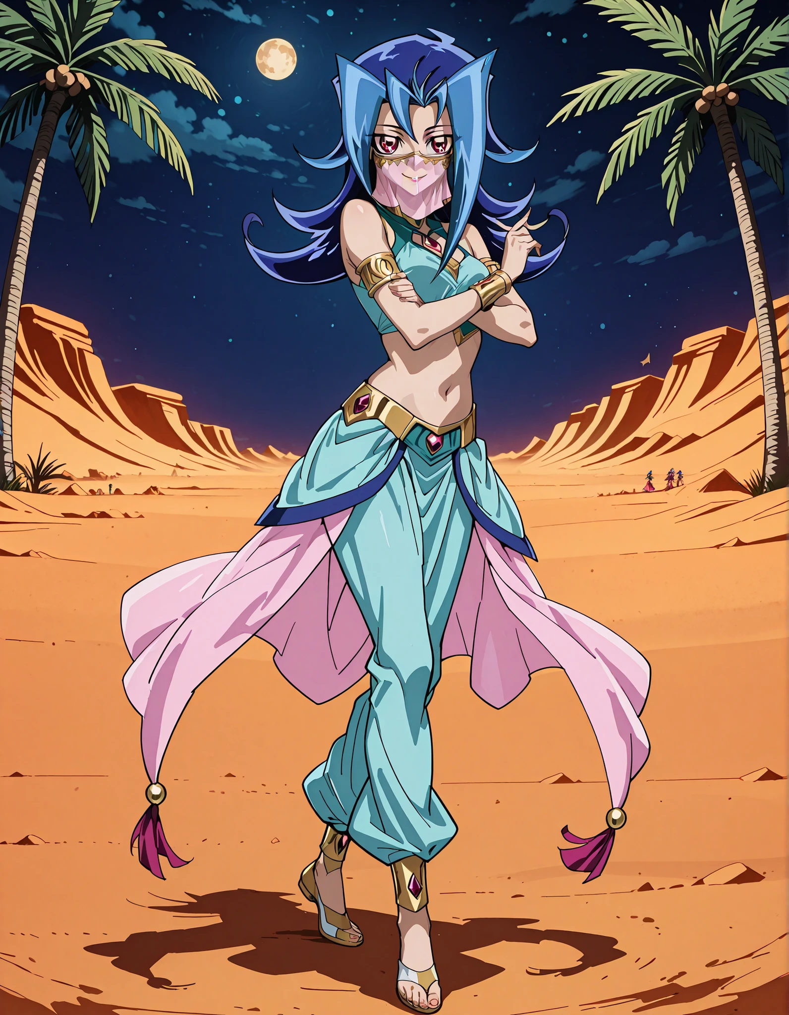 (1girl:1 . 5) , (Seul:1 . 5) , score_9 , score_8_haut , score_7_haut , source_anime , Official work , ultra-detailed , masterpiece , better quality , high resolution , beaux yeux , detailed eyes , Detailed face , beautiful detailed eyes,blue hair, long hair, multicolored hair, flipped hair, skirt, two-tone hair, red eyes,Yu-Gi-Oh Zexal,Rio Kamishiro,Arabian Clothes , Arabian Dancer ,belly dancer costume,belly dancer outfit ,full body,golden jewelery,mouth veil,armlet, belly dancing,night,desert lands,palm tree,seductive smile, dancing with veil, dynamic movement,dance posture, pose