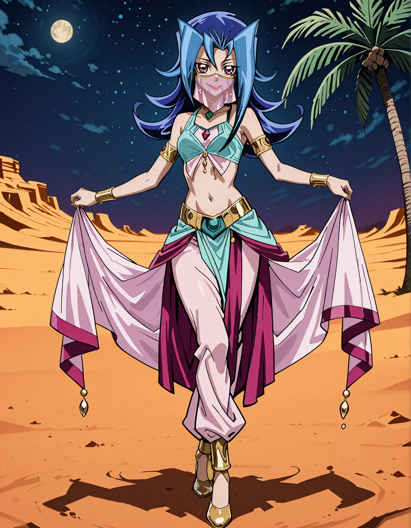 (1girl:1 . 5) , (Seul:1 . 5) , score_9 , score_8_haut , score_7_haut , source_anime , Official work , ultra-detailed , masterpiece , better quality , high resolution , beaux yeux , detailed eyes , Detailed face , beautiful detailed eyes,blue hair, long hair, multicolored hair, flipped hair, skirt, two-tone hair, red eyes,Yu-Gi-Oh Zexal,Rio Kamishiro,Arabian Clothes , Arabian Dancer ,belly dancer costume,belly dancer outfit ,full body,golden jewelery,mouth veil,armlet, belly dancing,night,desert lands,palm tree,seductive smile, dancing with veil, dynamic movement,dance posture, seductive pose