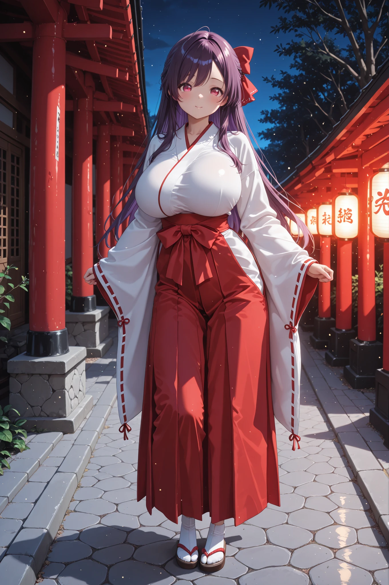 (cute:1.3),(round face:1.2),(Natsuha shonomiya,dark purple hair, ruby eyes, long_hair, Half-up, ),score_9, score_8_up, score_7_up, 8k, high quality, best quality, high quality detailed, rating_explicit,(very aesthetic),( high detailed eyes:1.2), perfect anatomy, (very beautiful eyes:1.2), masterpiece,(full body:1.3),standing,miko, red hakama, miko_dress, night,