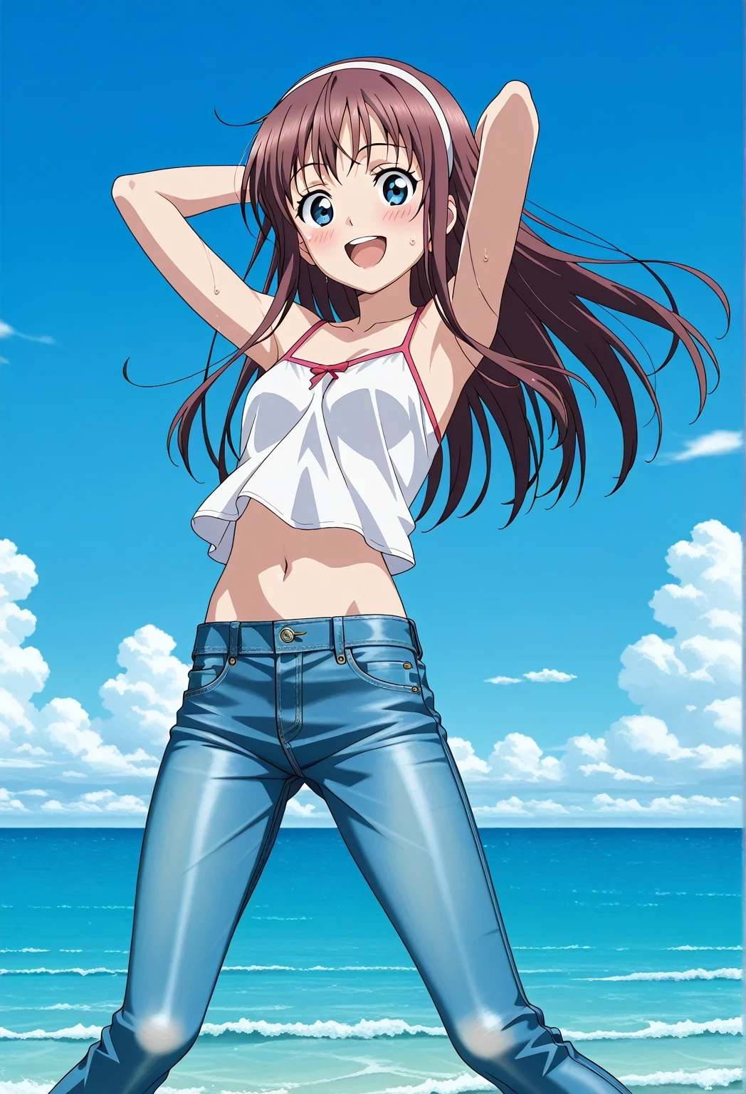 score_9, score_8_up, score_7_up, source_anime, highres, hi res, ((best quality, top quality, perfect quality, Highest Quality, amazing quality)), {{masterpiece}}, {{an extremely delicate and beautiful}}, 2d, intricate details, official style, anime, 8k, anime style, official_anime, official art, digital painting, cell shading, soft shading, high resolution, soothing tones, Subdued Color, Soft cinematic light, adobe lightroom, photolab, HDR, intricately and hyper-detailed, ((high quality animation)), 1 girl, Alone, solo, ((ocean)), tsunami, on the water, day, sunny, outdoors, sky, windy, HitomiDOA, brown hair, blue eyes, long hair, sidelocks, hairband, white hairband, anime screencap, small , white camisole top, crop top, white crop top, best quality, hyper-detailed jeans, ((blue jeans:1.9)), (dark blue jeans:0.6), full medium body, medium shot, Open mouth, smiling, happy face, blush, sweat, standing, ((arms behind head:6.0)), bowlegged, jumping pose, action, looking at viewer, , Bend knees slightly, straight-on front view