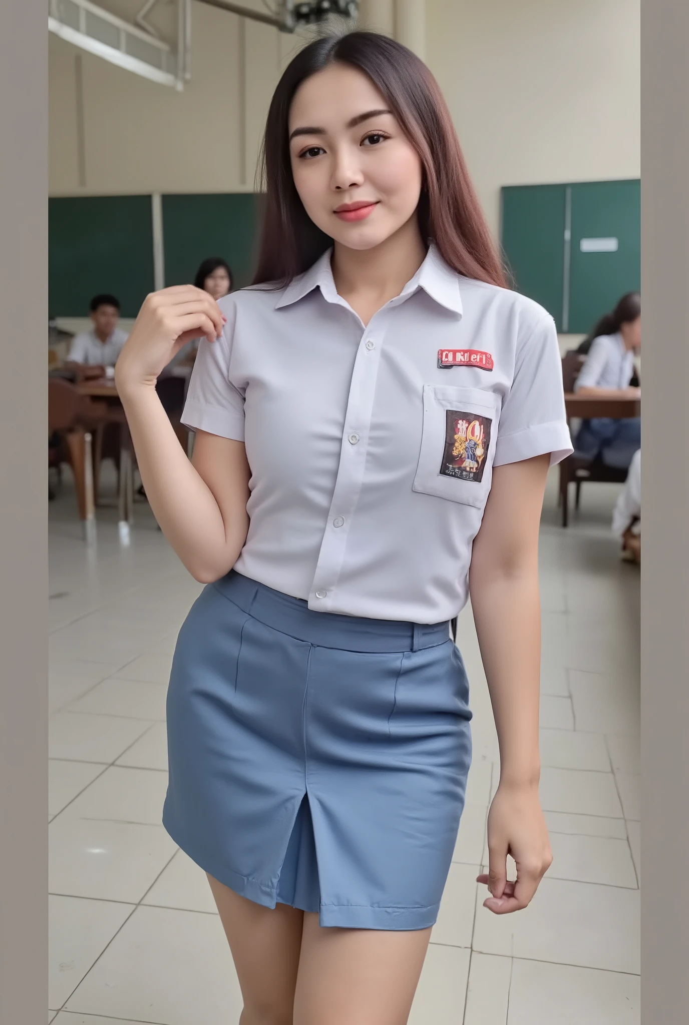 Create a details and realistic image of a confident girl with a huge fake breast and chubby Indonesian thicc girl with a slightly smiling face, wearing a white mini hijab, that complements her skin tone. Full-body view 

She is dressed in a tight, tight short-sleeved white Indonesian school uniform shirt, exposed her cleavage, that accentuates her fuller figure and her big chest, paired with well-tailored blue mini skirt. Show her big butts, Her outfit is completed with white sneaker, emphasizing her stylish and poised demeanor. She has a curvy silhouette with prominent hips and a fuller bust, standing in the middle of classroom setting with soft natural lighting. Her both hands is holding her hips, seductive pose 