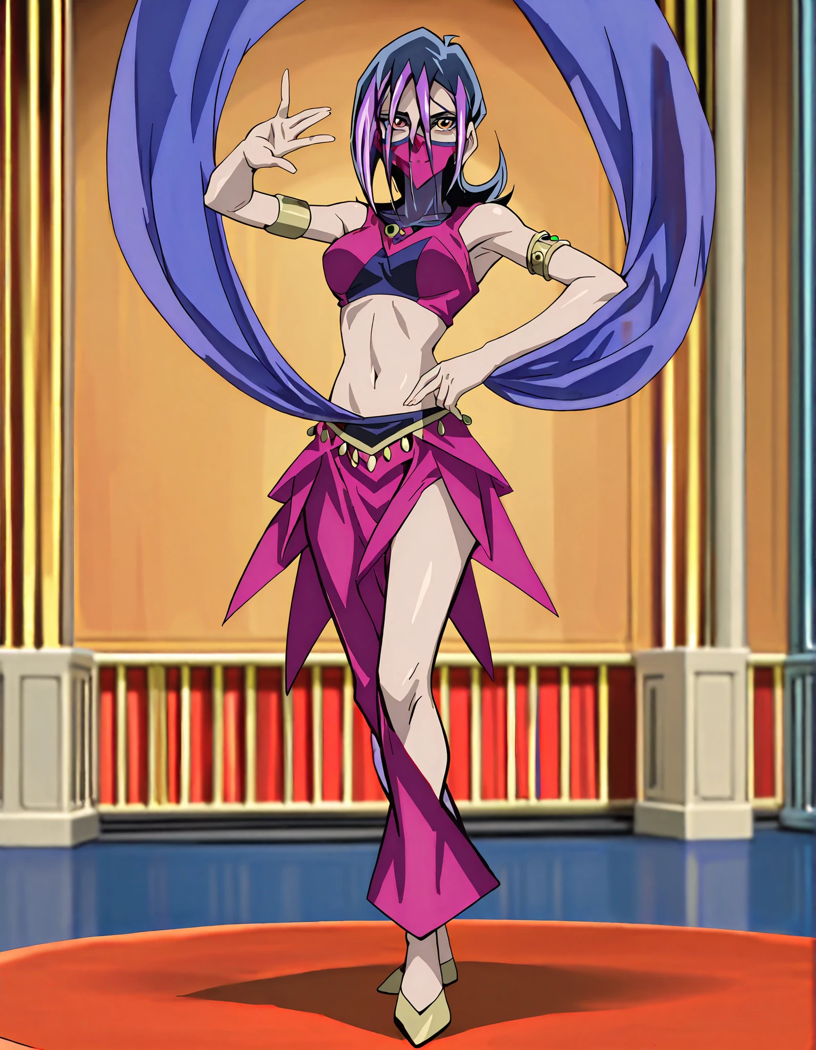 (1girl:1 . 5) , (Seul:1 . 5) , score_9 , score_8_haut , score_7_haut , source_anime , Official work , ultra-detailed , masterpiece , better quality , high resolution , beaux yeux , detailed eyes , Detailed face , beautiful detailed eyes,short hair,black hair,purple hair,dyed bangs,hair between eyes,orange eyes,Yu-Gi-Oh Zexal,Droite,Arabian Clothes , Arabian Dancer ,belly dancer costume,belly dancer outfit ,full body,golden jewelery,mouth veil,armlet, belly dancing,arabian theater,seductive smile, dancing with veil, dynamic movement,dance posture, pose