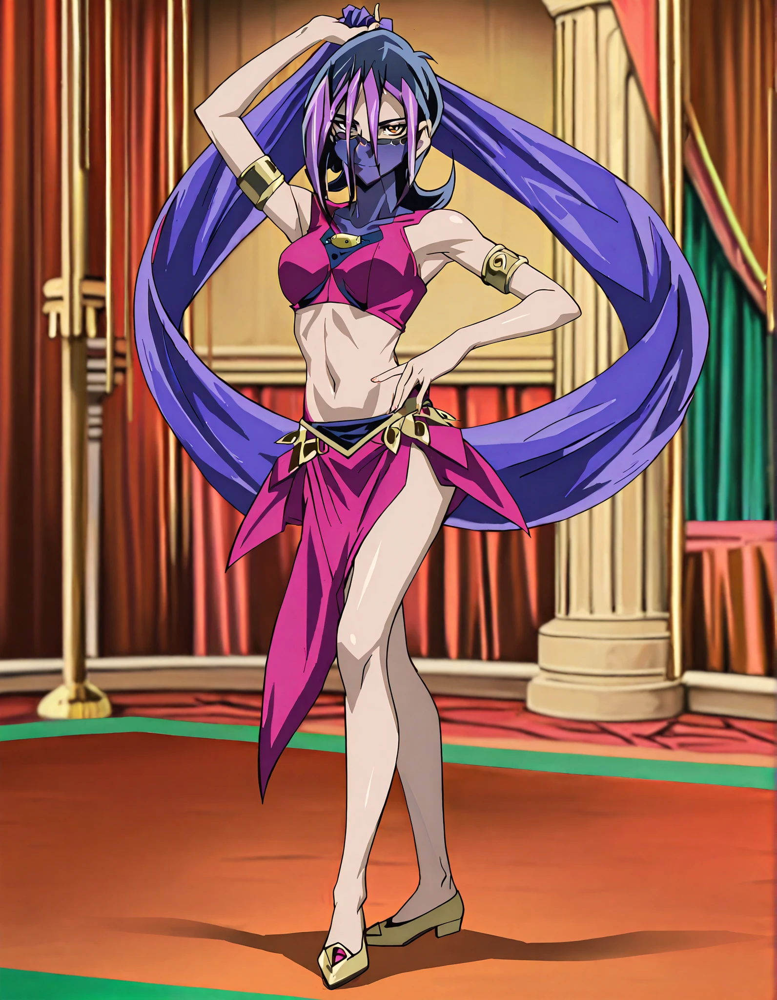 (1girl:1 . 5) , (Seul:1 . 5) , score_9 , score_8_haut , score_7_haut , source_anime , Official work , ultra-detailed , masterpiece , better quality , high resolution , beaux yeux , detailed eyes , Detailed face , beautiful detailed eyes,short hair,black hair,purple hair,dyed bangs,hair between eyes,orange eyes,Yu-Gi-Oh Zexal,Droite,Arabian Clothes , Arabian Dancer ,belly dancer costume,belly dancer outfit ,full body,golden jewelery,mouth veil,armlet, belly dancing,arabian theater,seductive smile, dancing with veil, dynamic movement,dance posture, seductive pose